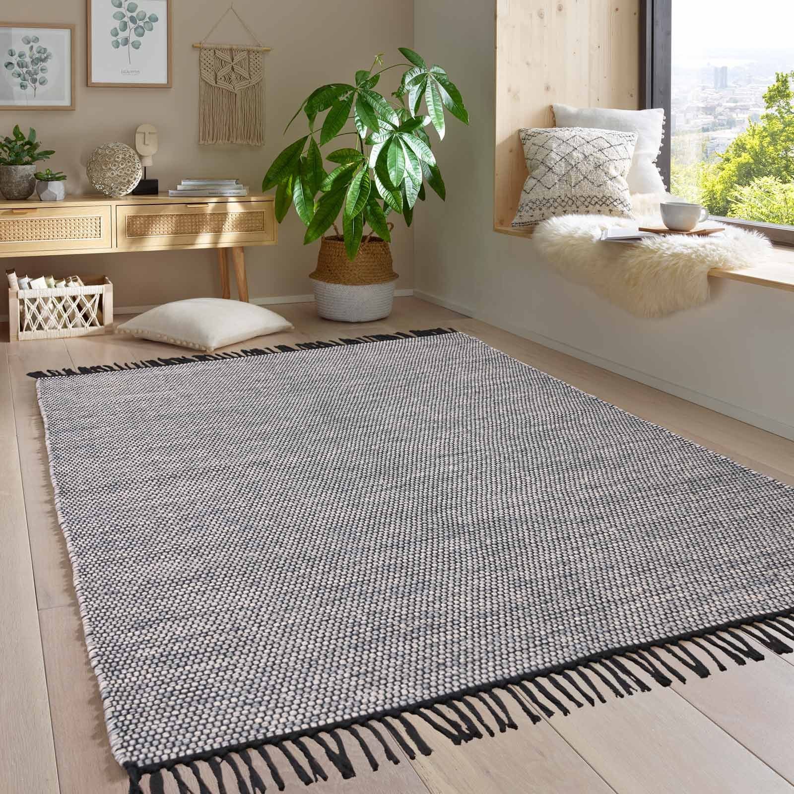 Wollteppich Handwebteppich Borkum 100% Baumwolle, TaraCarpet, rechteckig, Höhe: 5 mm, gewebt Baumwolle grau nachhaltig modern Wohnzimmer Küche 080x150 cm