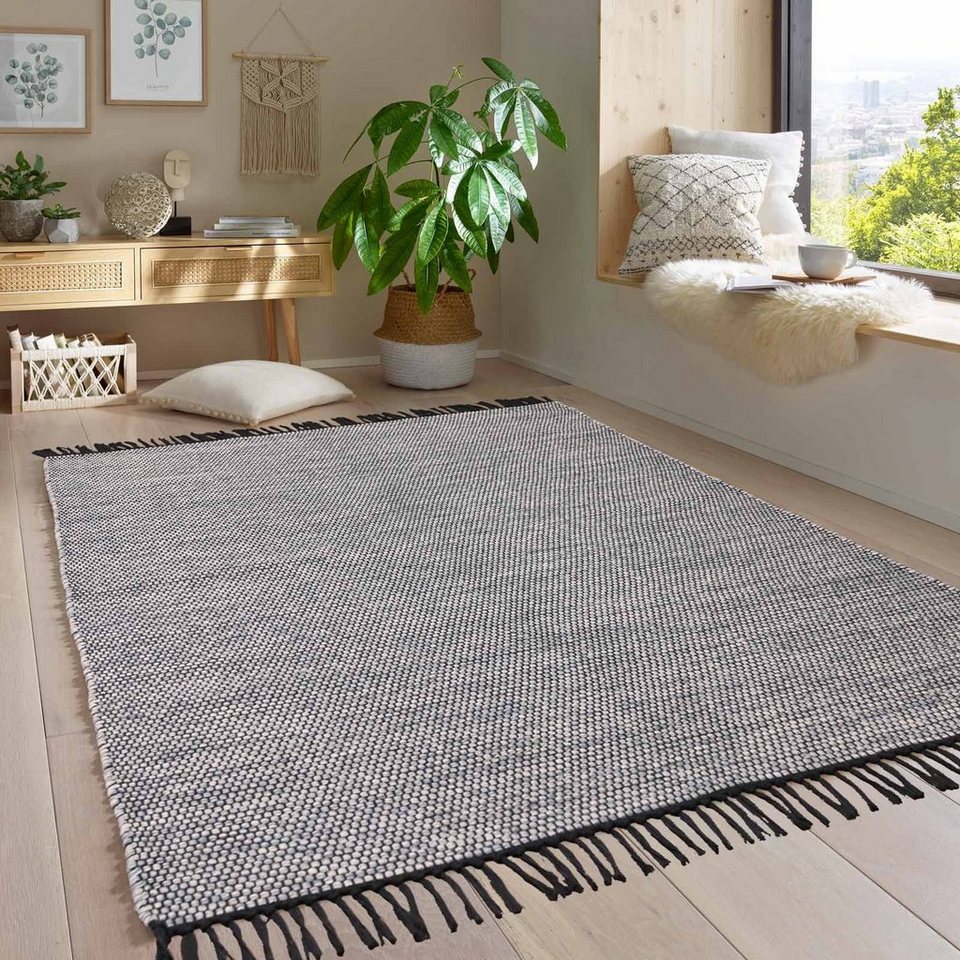 Wollteppich Handwebteppich Borkum 100% Baumwolle, TaraCarpet, rechteckig,  Höhe: 5 mm, gewebt Baumwolle grau nachhaltig modern Wohnzimmer Küche  080x150 cm