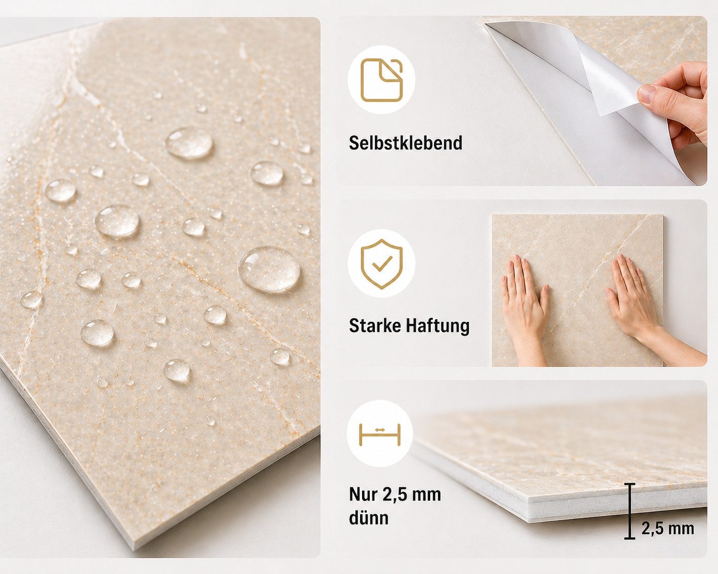 H-basics Fliesenaufkleber Klebefliesen Marmor 60×30 cm 10 Stk 3D Fliesenoptik (Marmor Optik), Wasserfest, Hitzebeständig, Für Innenbereiche geeignet, Pflegeleicht