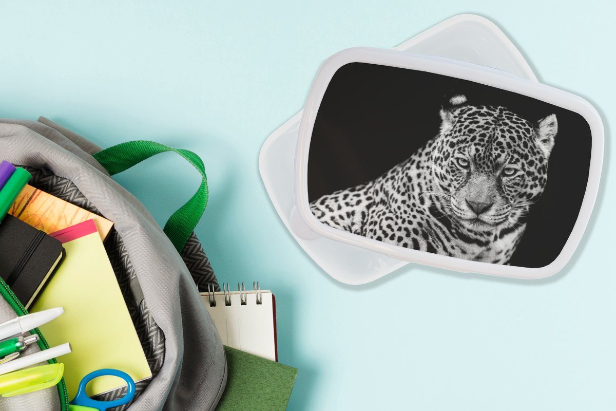 Porträt, und und Brotbox - - Lunchbox Kinder Mädchen Erwachsene, MuchoWow Kunststoff, (2-tlg), für Tiere für Brotdose, Leopard - Schwarz Jungs - Weiß