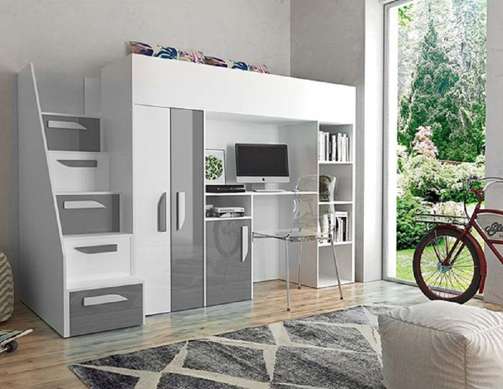 Feldmann-Wohnen Hochbett PARTY (Etagenbett mit Schreibtisch + Kleiderschrank) Farbe wählbar weiß / grau Hochglanz - Griffe weiß / grau