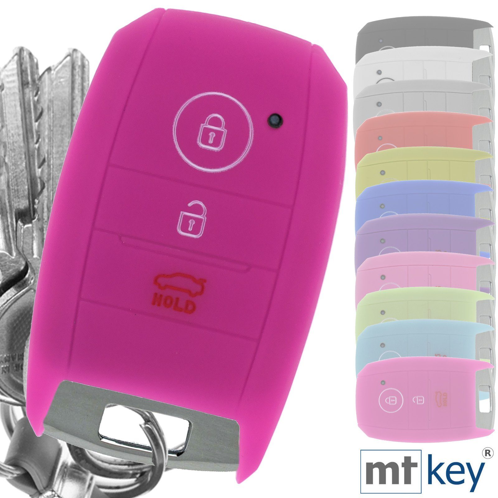 mt-key Schlüsseltasche Autoschlüssel Softcase Silikon Schutzhülle Pink, für KIA Picantio Rio Ceed Soul Sportage Stonic 3 Tasten KEYLESS