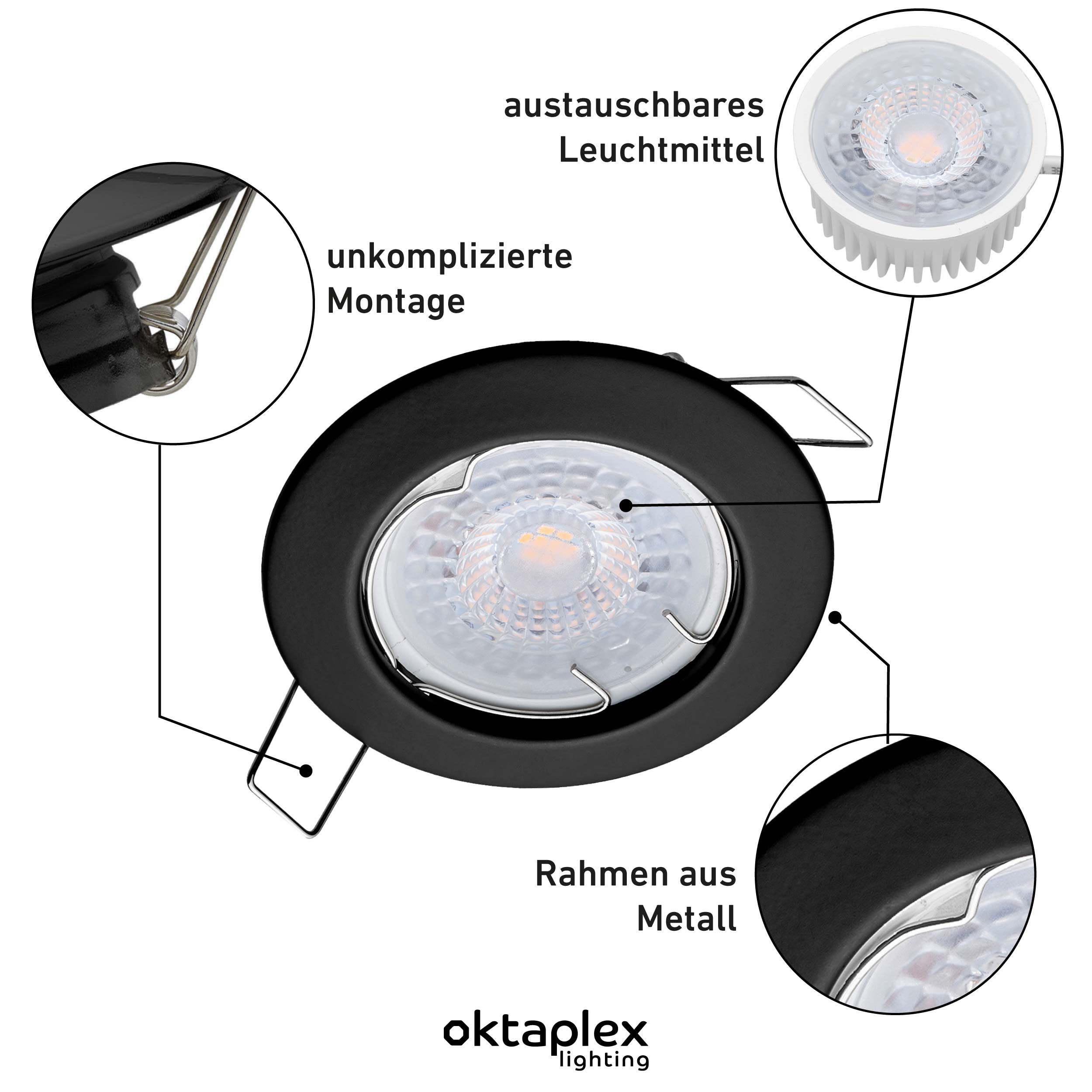 Oktaplex lighting LED Einbaustrahler Sedan Spotleuchte schwarz 3-Stufen dimmbar, 3-Step Dimmung, Leuchtmittel wechselbar, warmweiß, 3000 Kelvin 230V schwarz