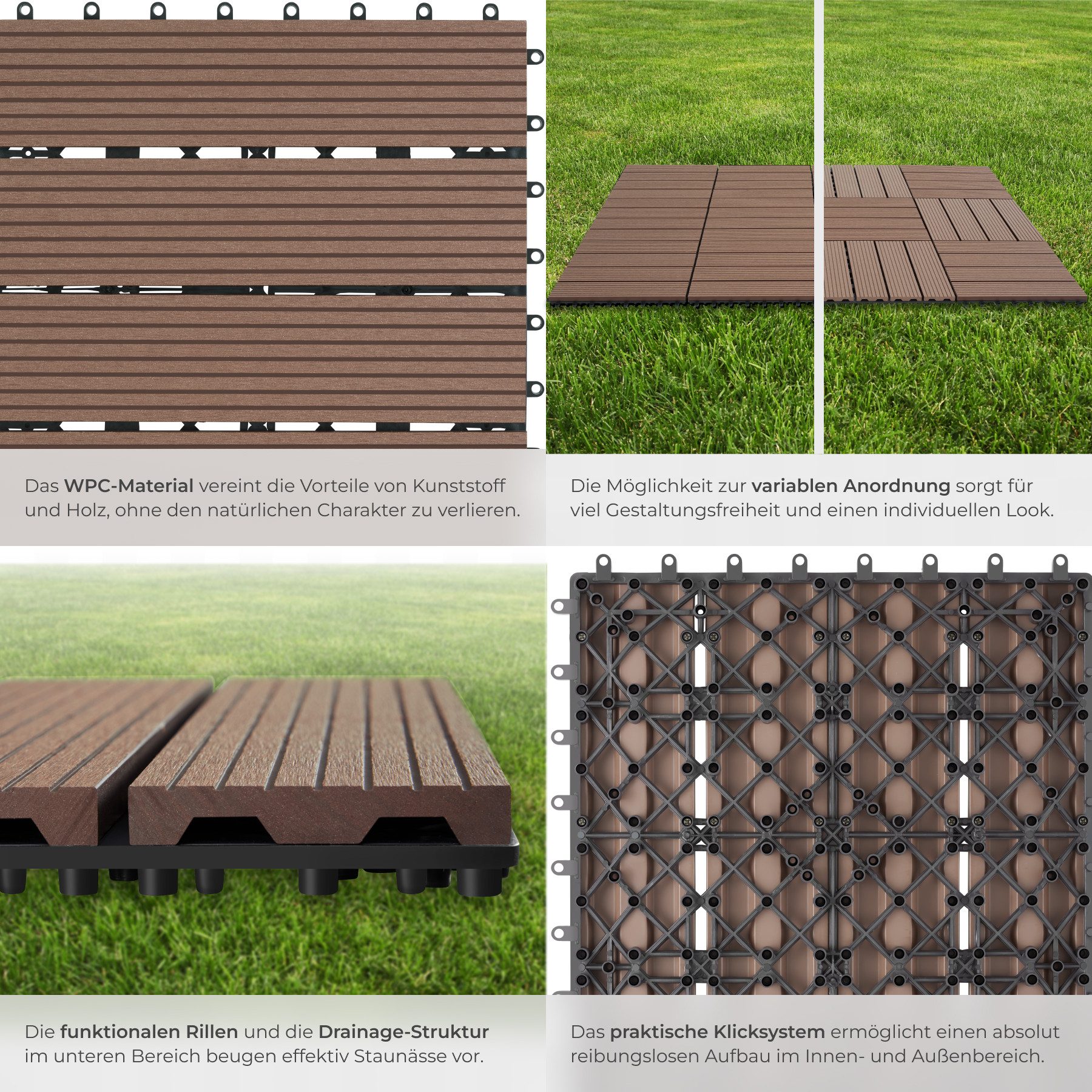 tectake Terrassendielen Terrassenfliesen 11er Set im Klicksystem, 31 x 31 x 2,2 cm, 1,0571 m², BxL: je 31,00x31,00 cm, (Terrassenplatten Außenbereich Tegulas, 1 – Bild 4 von 5