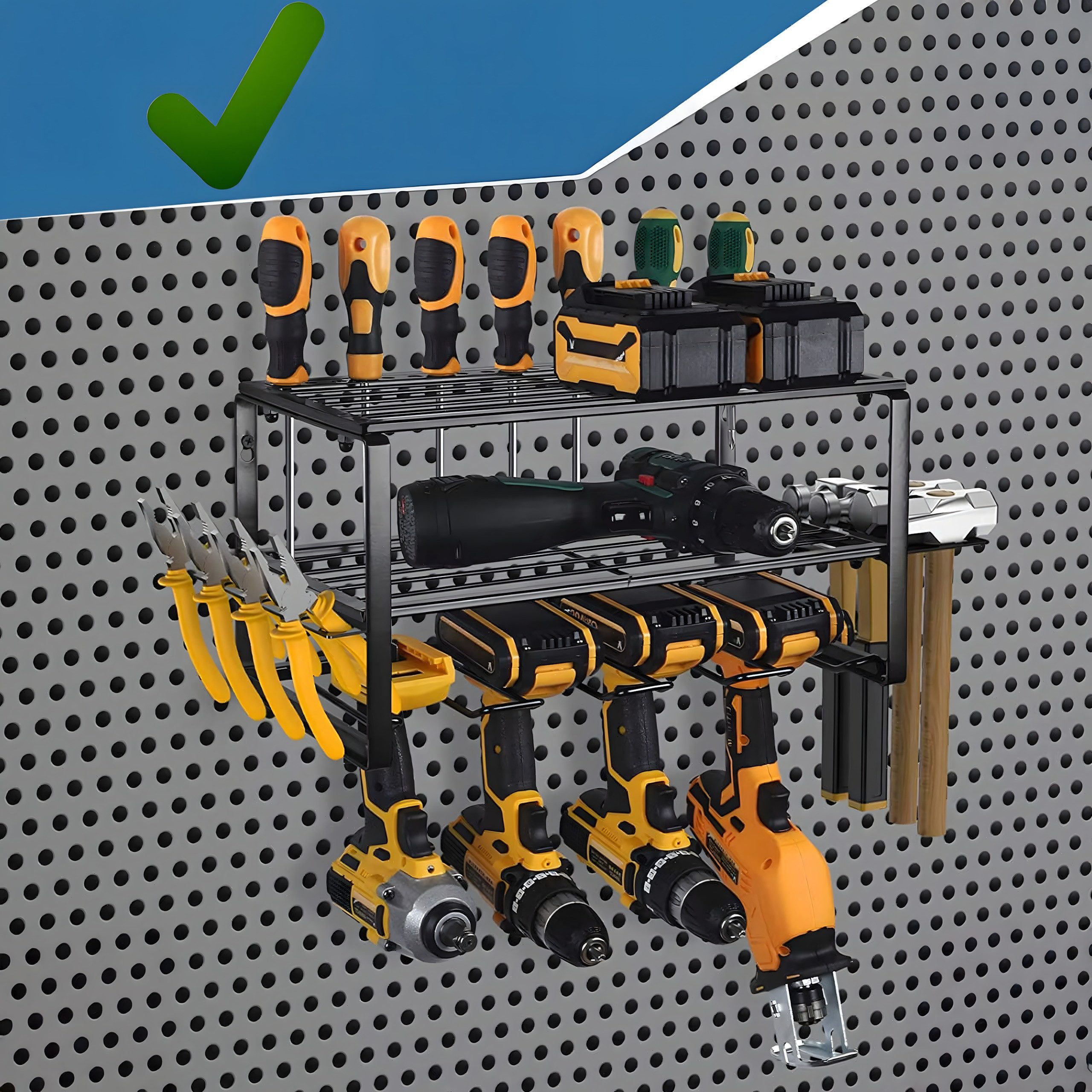 Realb2b Werkzeughalter Garage Wandregal Aufhänger Organizer Werkstattregal Metall 40cm, Einzelset Werkzeugregal für Elektrowerkzeuge, Stabiles Werkzeugregal aus Metall mit Halterungen für Werkzeuge, Robustes Wandregal aus Metall zur Aufbewahrung von Elektrowerkzeugen