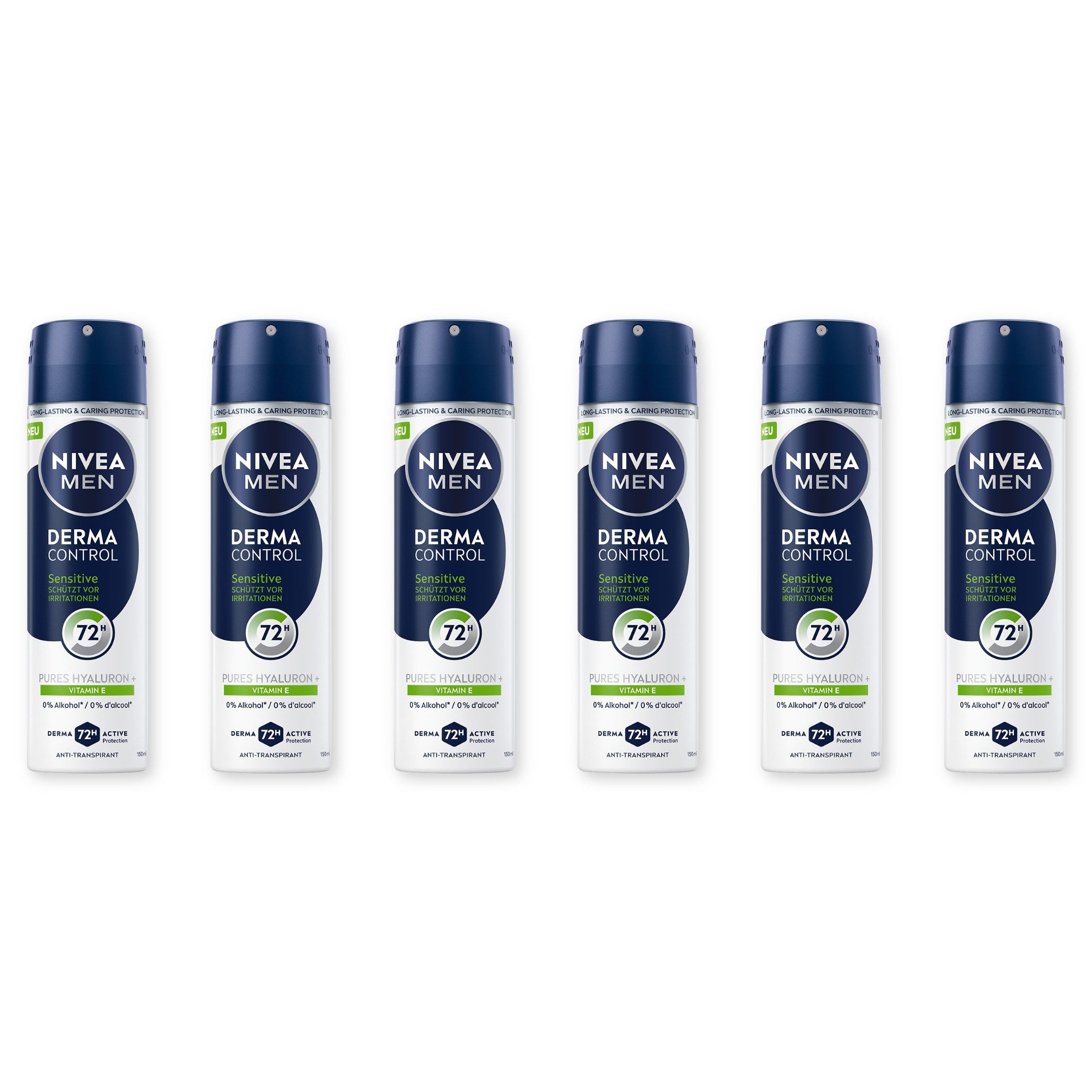 Nivea Men Deo-Spray Derma Control Sensitive Deospray 6 x 150ml, 6-tlg., Mit purem Hyaluron und Vitamin E