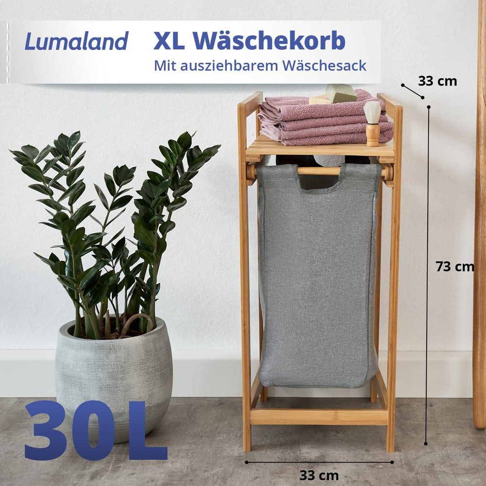 Lumaland Ausziehwäschekorb LL Wäschekorb Bambus 1 Sack 33 x 33 x 73 cm, mit ausziehbarem Wäschesack aus nachwachsendem Bambus – Bild 2 von 5