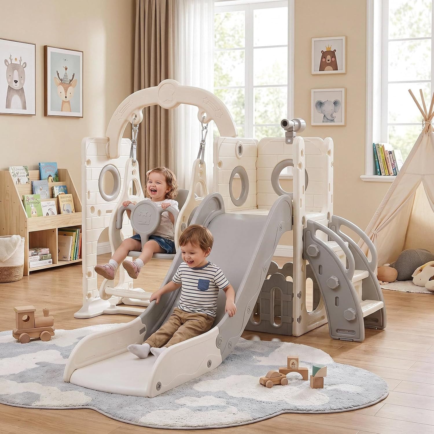 TLGREEN Rutsche 5-in-1 Kinderrutsche, Gartenrutsche Breite Stufen und Griffe, (Indoor und Outdoor Freistehende Rutsche), Kinderrutsche mit Schaukel, Klettergerüst, Spielplatz für Kleinkinder