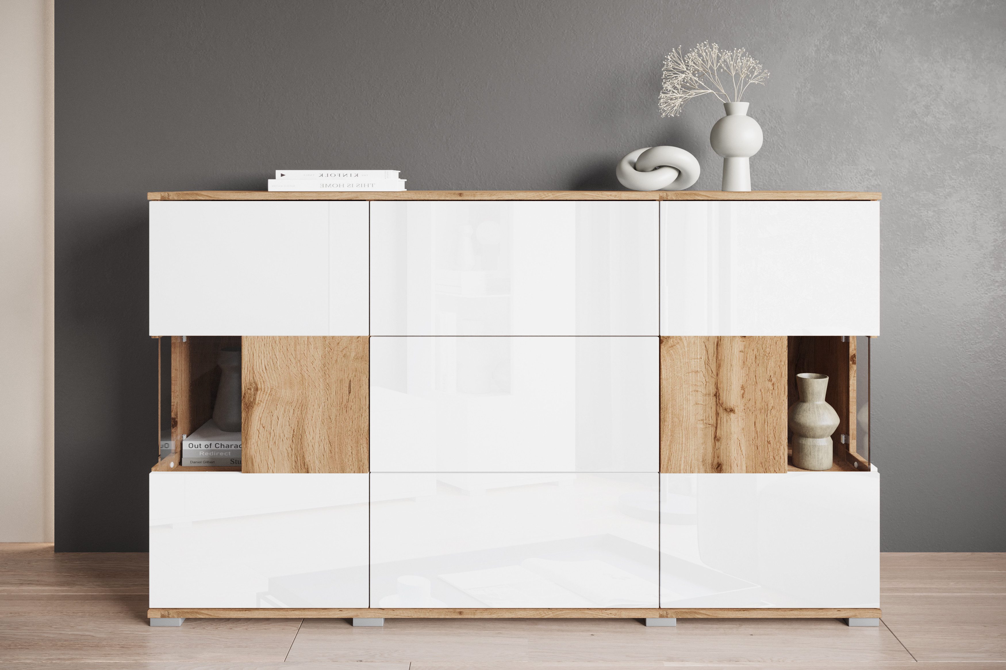 OTTO home Sideboard Kenia (1 St), Sideboard mit 3 Schubladen, 6 Fächern, Glastüren, Breite 150 cm