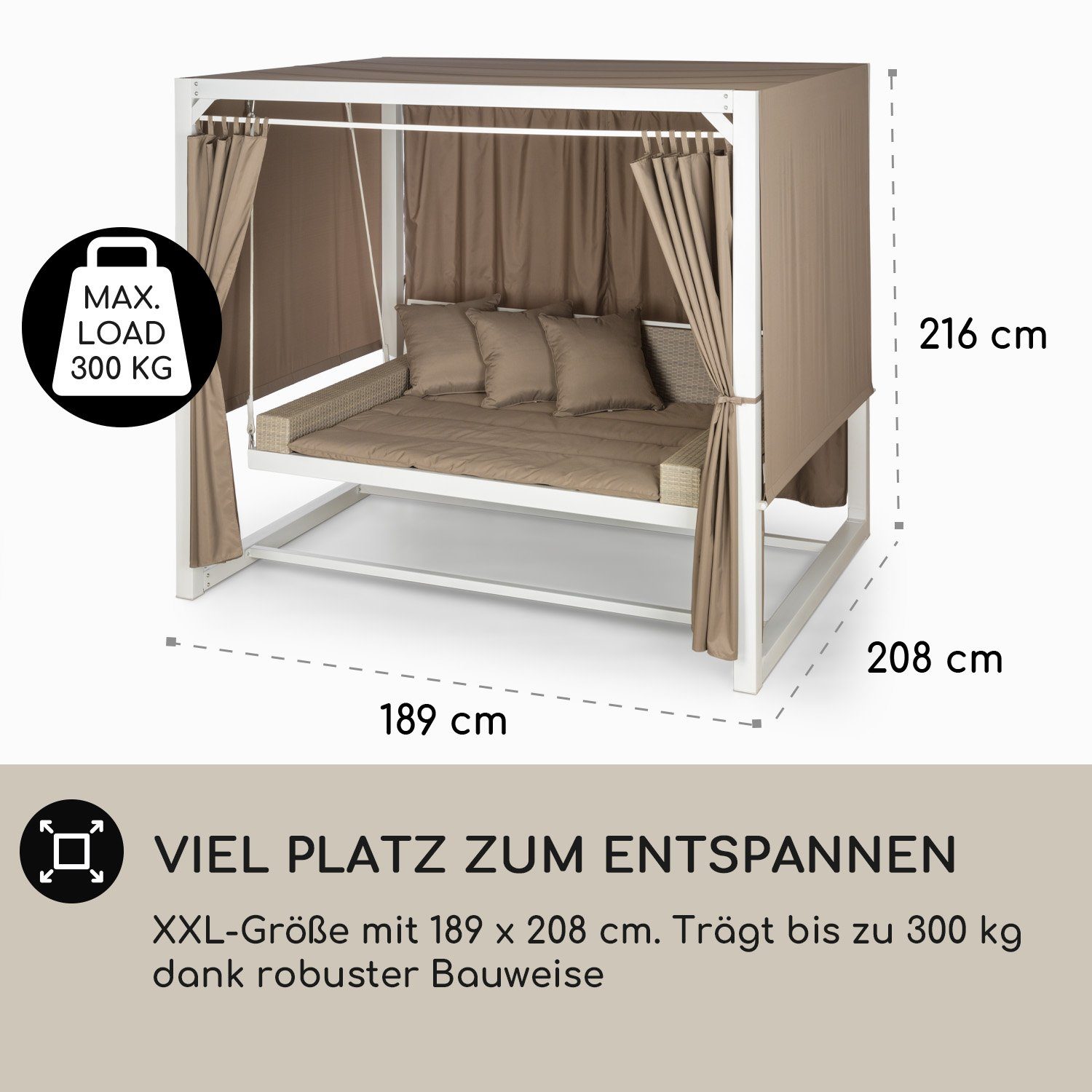 blumfeldt Hollywoodschaukel Eremitage Luxus-Hollywoodschaukel 3 Sitzer Sonnendach Vorhänge 300 kg, Set, Hollywoodschaukel mit Liegefunktion Gartenschaukel mit D – Bild 5 von 5