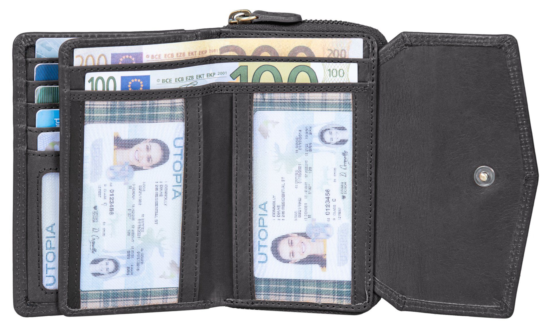 Kreditkartenetui, Reißverschlussfach Kartenfächer Portemonnaie Portmonee RFID-Schutz Damen Geldbörse Echt Leder Münzfach Vintage Grau Benthill