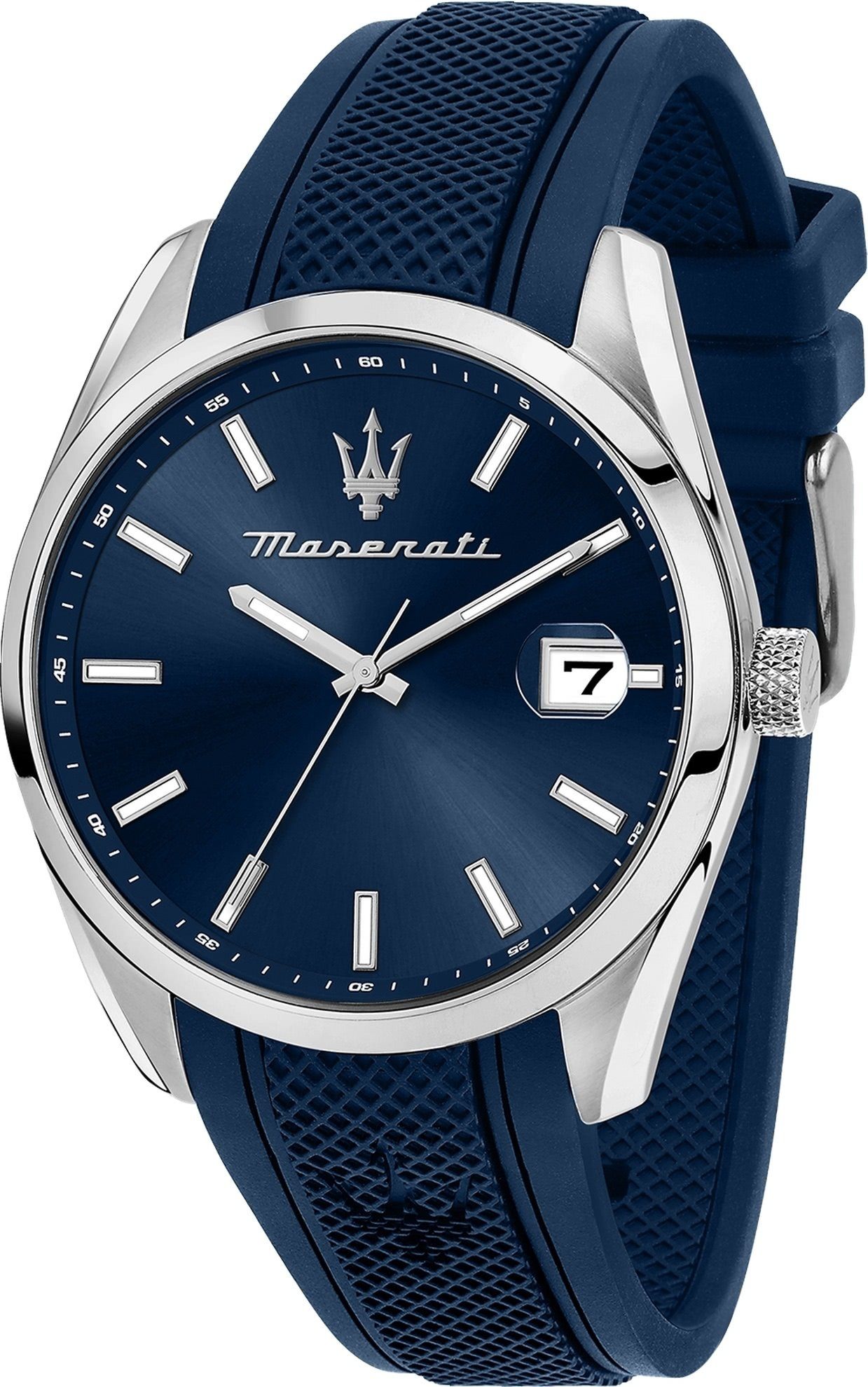 blau Maserati Herren Armband 43mm) (ca. Attrazione, groß rund, MASERATI Silikonarmband, Made-In Italy Quarzuhr Herrenuhr