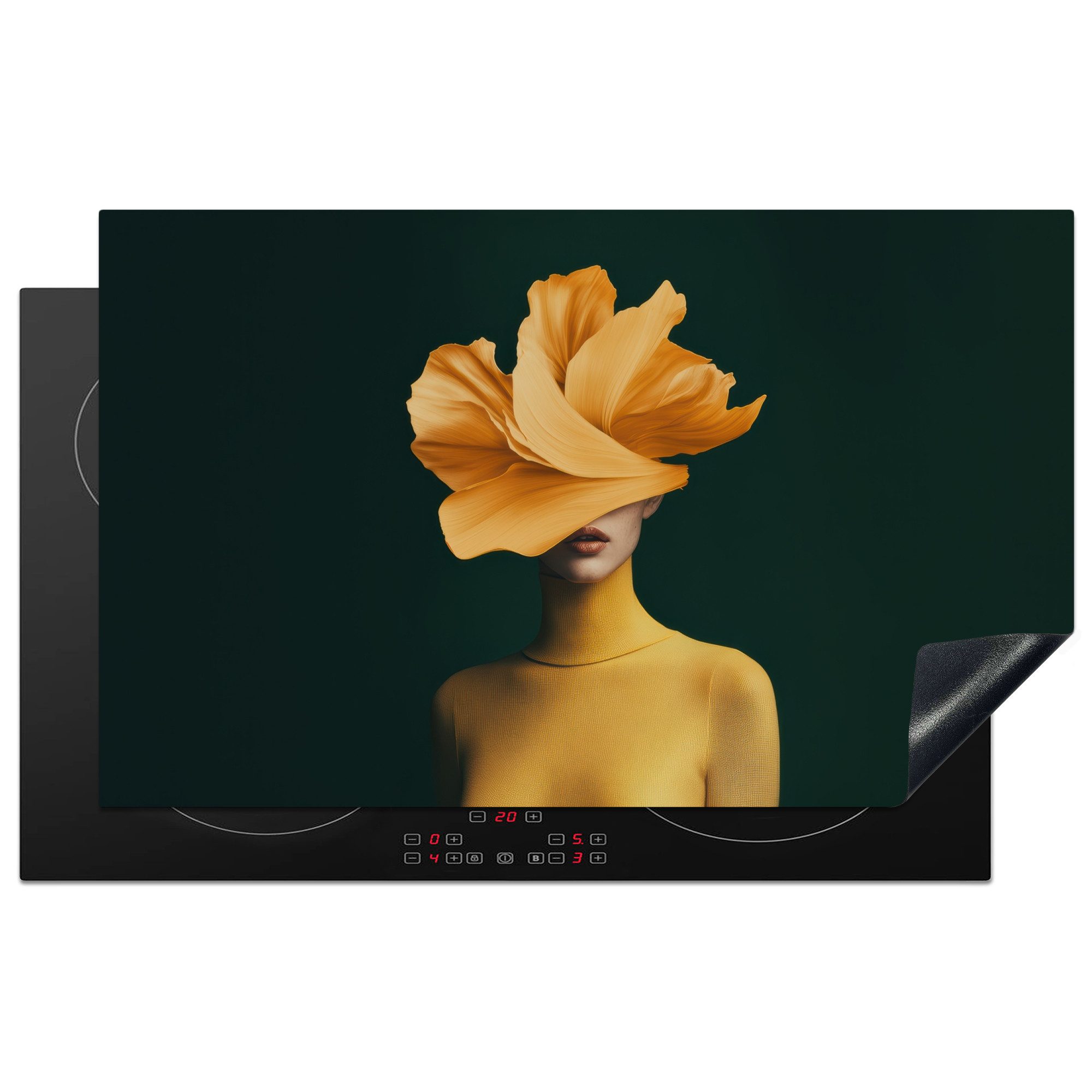 MuchoWow Herd-Abdeckplatte Frau - Hut - Gelb, Vinyl, (1 tlg), Herdplattenabdeckung für Ceranfeld, Herdplatten Vinyl, 83x51 cm