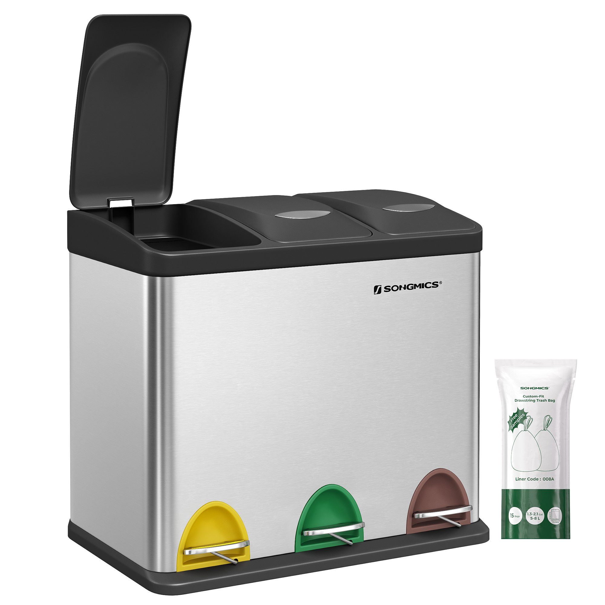 SONGMICS Mülleimer 3x8 L, kleine Kapazität, Mülltrennsystem 3 Fächer, für kleine Familien, Küche, mit Deckel, Stahl-Treteimer, Pedale und Inneneimer, silbern