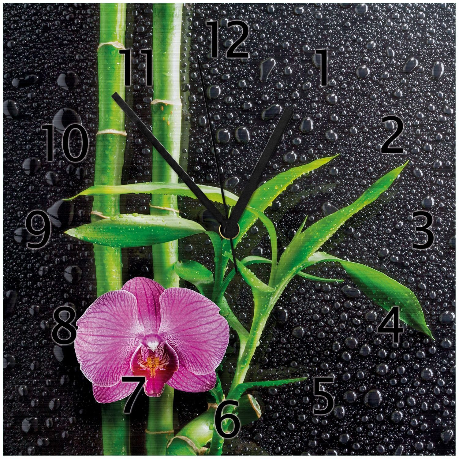 Wallario Wanduhr Bambus und pinke auf Regentropfen Orchidee Glas (Aluverbunduhr) mit schwarzem