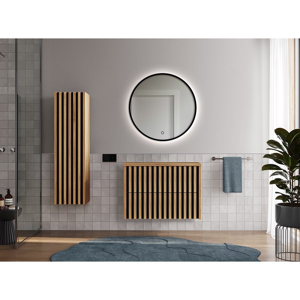 Lomadox Badmöbel-Set LUCCA-107, (Spar-Set, 3-St), in Eiche Nb. mit LED Spiegel und 80 cm Waschbeckenunterschrank
