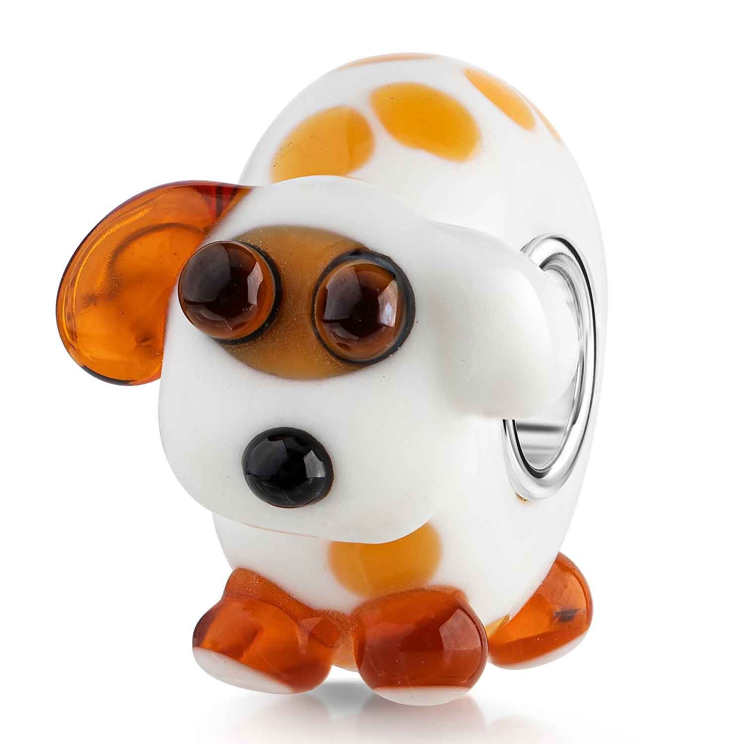 Materia Bead Hund Welpe Glasperle 3D Design Weiß Braun 1019, Kern aus 925 Sterling Silber