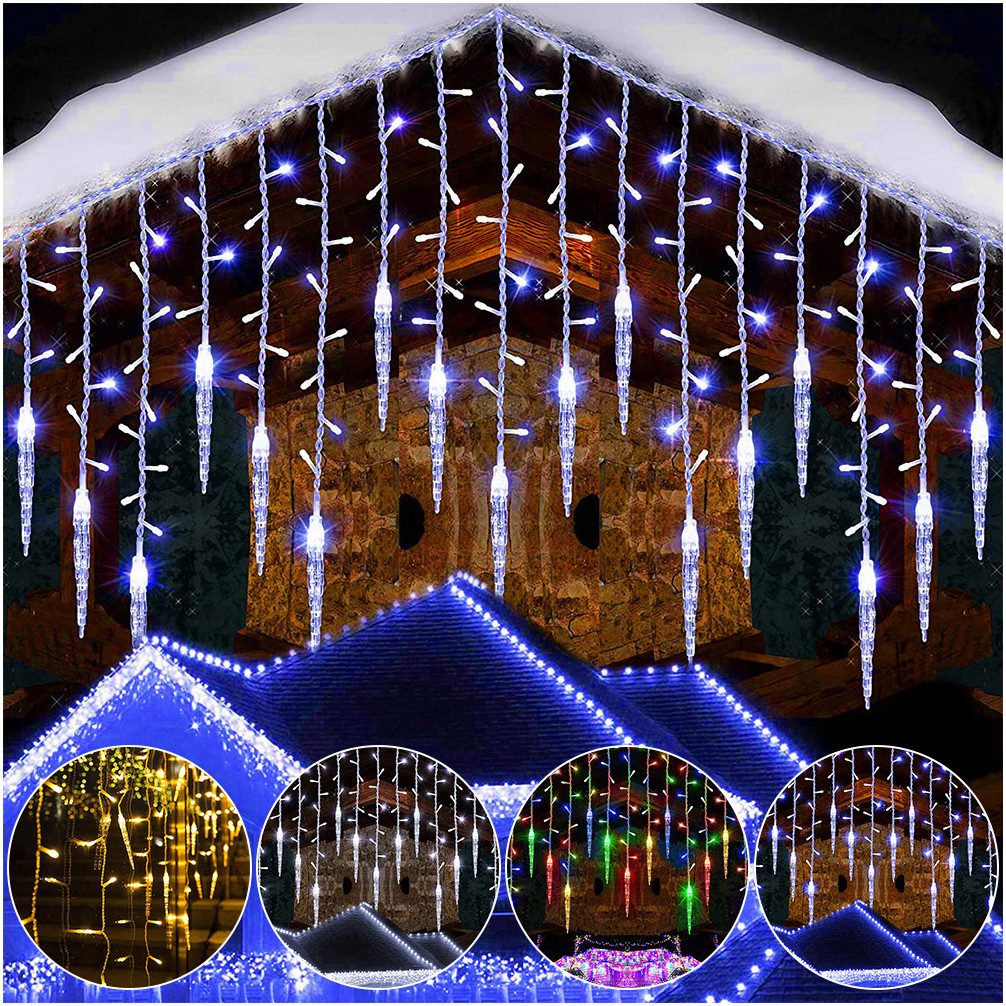 SERBASIC Lichtervorhang LED Eisregen Lichterkette Außen, Timer, 8 Modi, Anschließbar, 31V, Lichtervorhang für Weihnachten Dachkante Dachrinne Terrasse