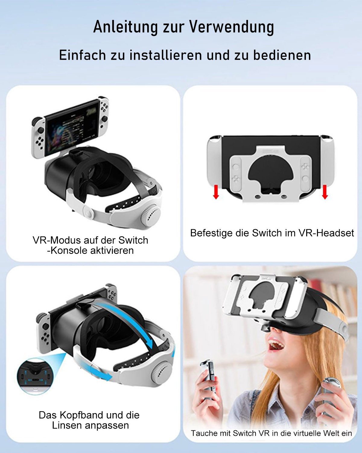 KINSI VR Kopfgurt Zubehör für Switch OLED, verstellbar, 3D Hochauflösung Virtual-Reality-Helm (Verstellbare Gläser, verstellbares Kopfband)