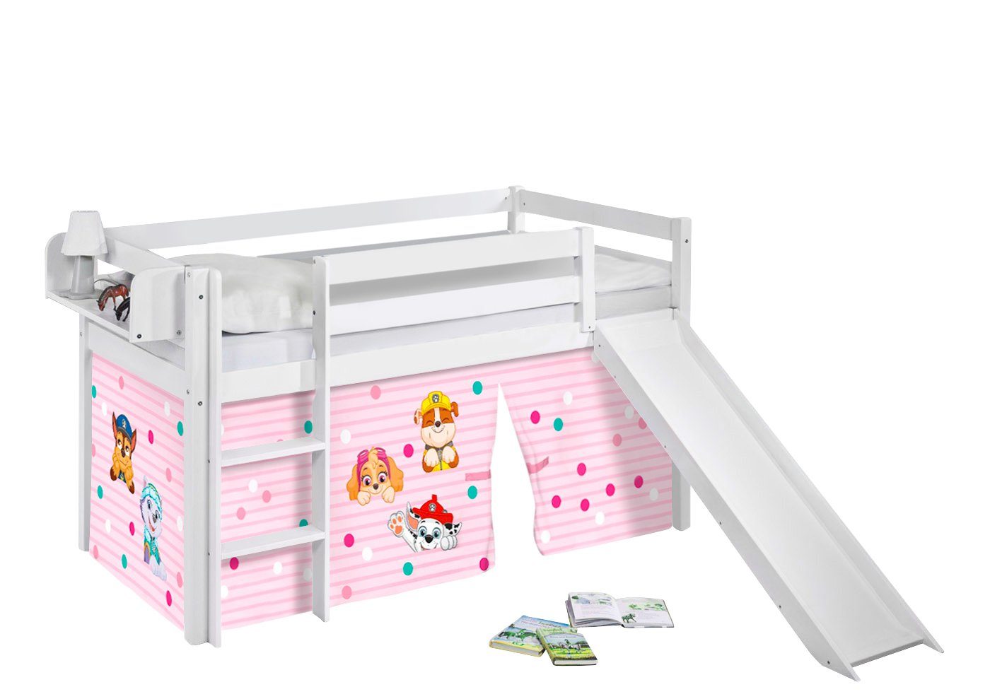 Lilokids Hochbett JELLE mit Rutsche mit PAW PATROL Vorhang - Kinderbett & Spielbett mit Rutsche und Vorhang