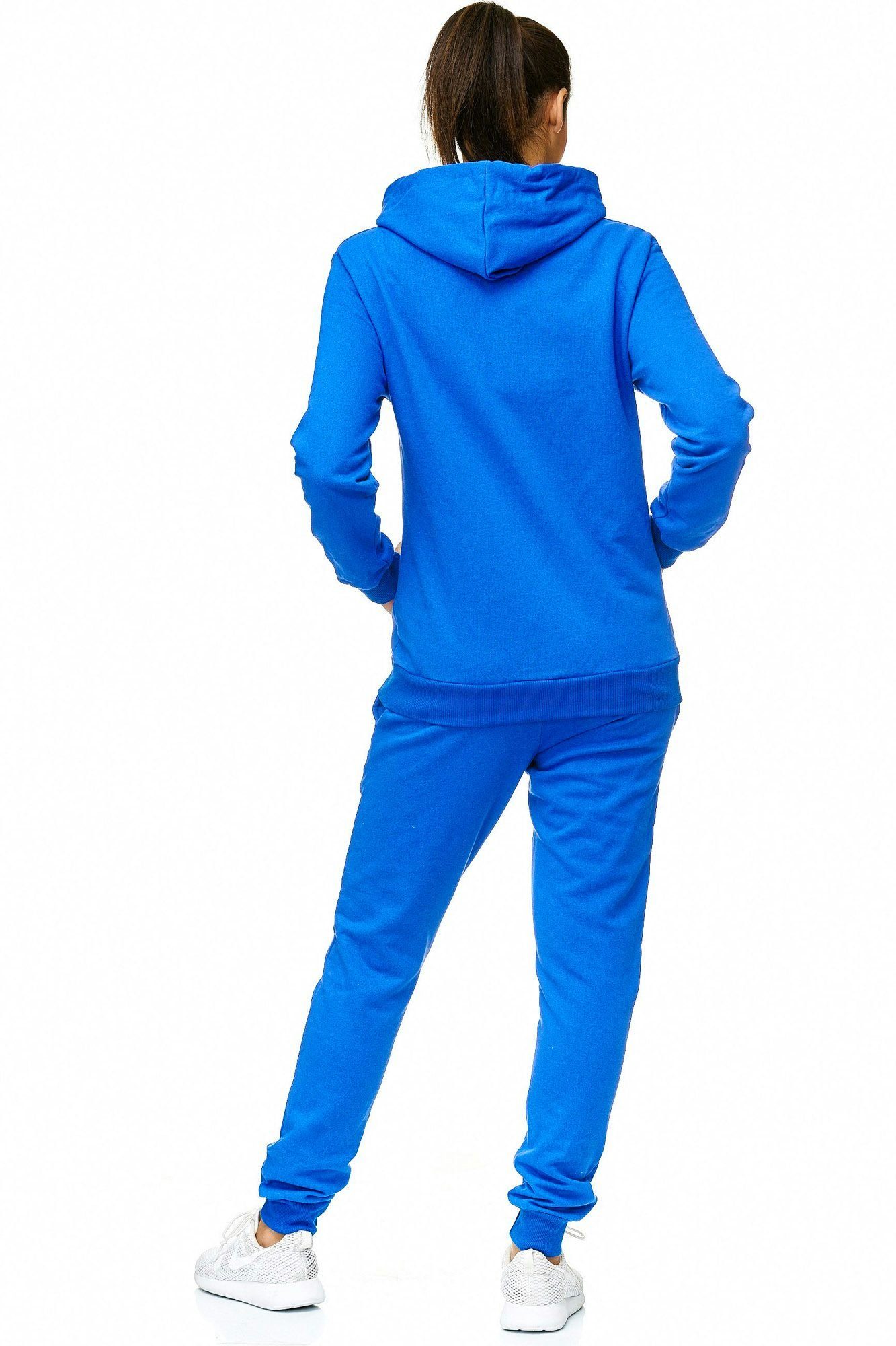 L.gonline Freizeitanzug Damen Jogginganzug einfarbig 100% Baumwolle 586 Blau 3XL (Kapuzenjacke mit Reißverschluss, Hose, 2-tlg), Fitness Freizeit Casual – Bild 3 von 5