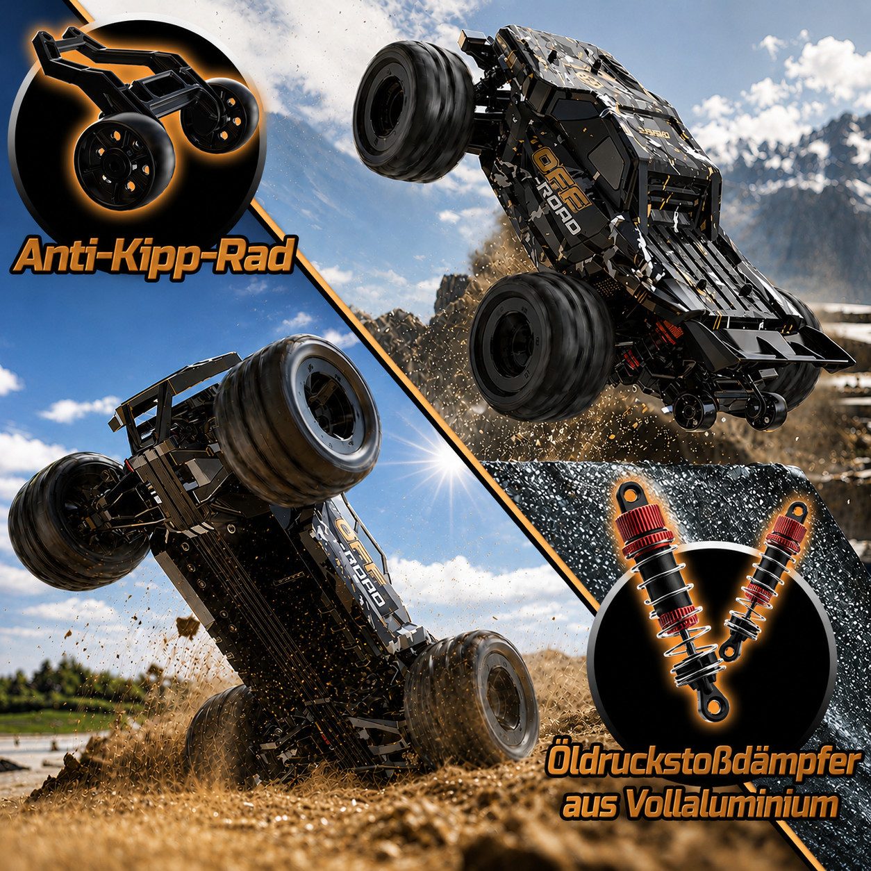 DEERC RC-Auto Ferngesteuertes Auto 1:16, 4WD Offroad RC-Auto, bis 40 km/h, 2 Akkus (1-tlg), Vollmetall-Antrieb, LED-Lichter & IPX4-Spritzwasserschutz