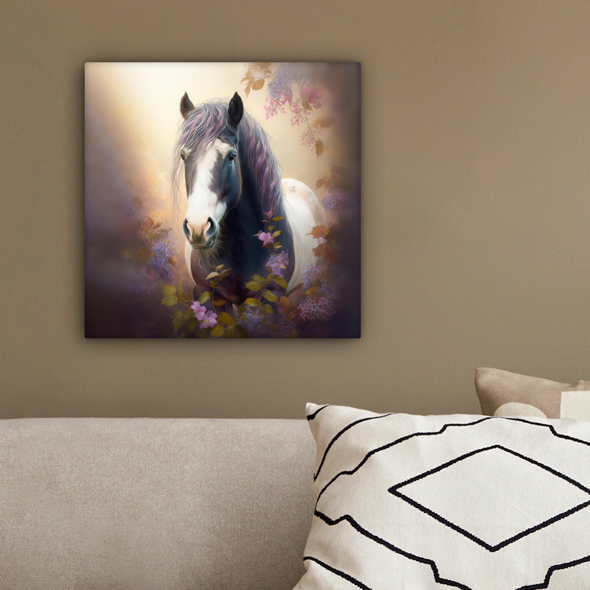 OneMillionCanvasses® Leinwandbild Pferd - Natur - Bilder für (1 Schlafzimmer, - St), Lila, - 20x20 Blumen Tiere cm Wohnzimmer Leinwand