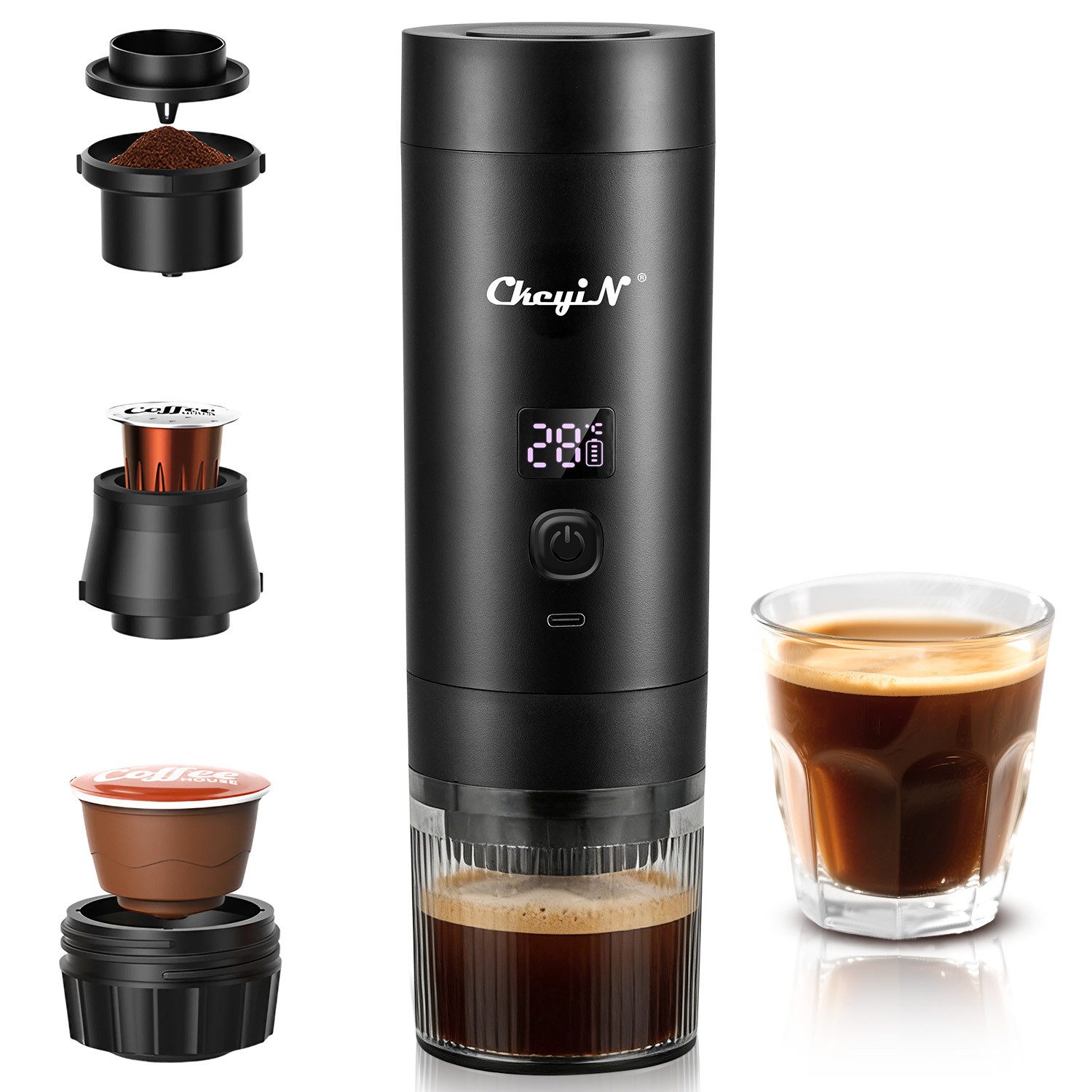 CkeyiN Reisekaffeemaschine Tragbare Espressomaschine für Kapseln/Pulver/Tee, 0,2l Kaffeekanne, Korbfilter, 3 in 1 Camping-Kaffeemaschine