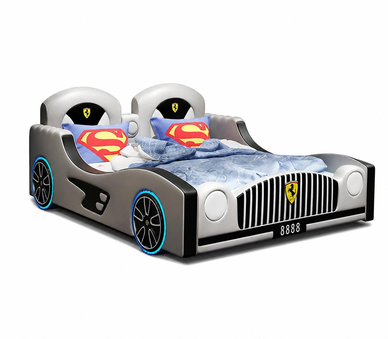 JVmoebel Autobett Graues Kinderbett Auto auf Rädern LED Bluetooth-Lautsprecher, Made in Europa
