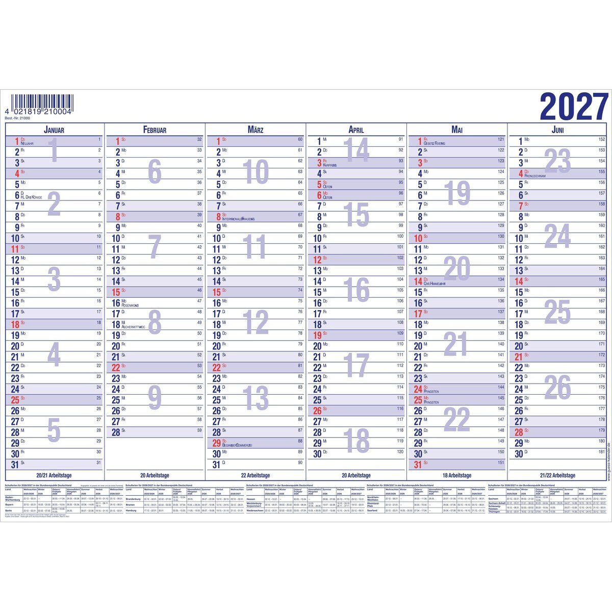 GÜSS Kalender Terminplaner Tafelkalender A4 12 Monate Kalendarium 2027