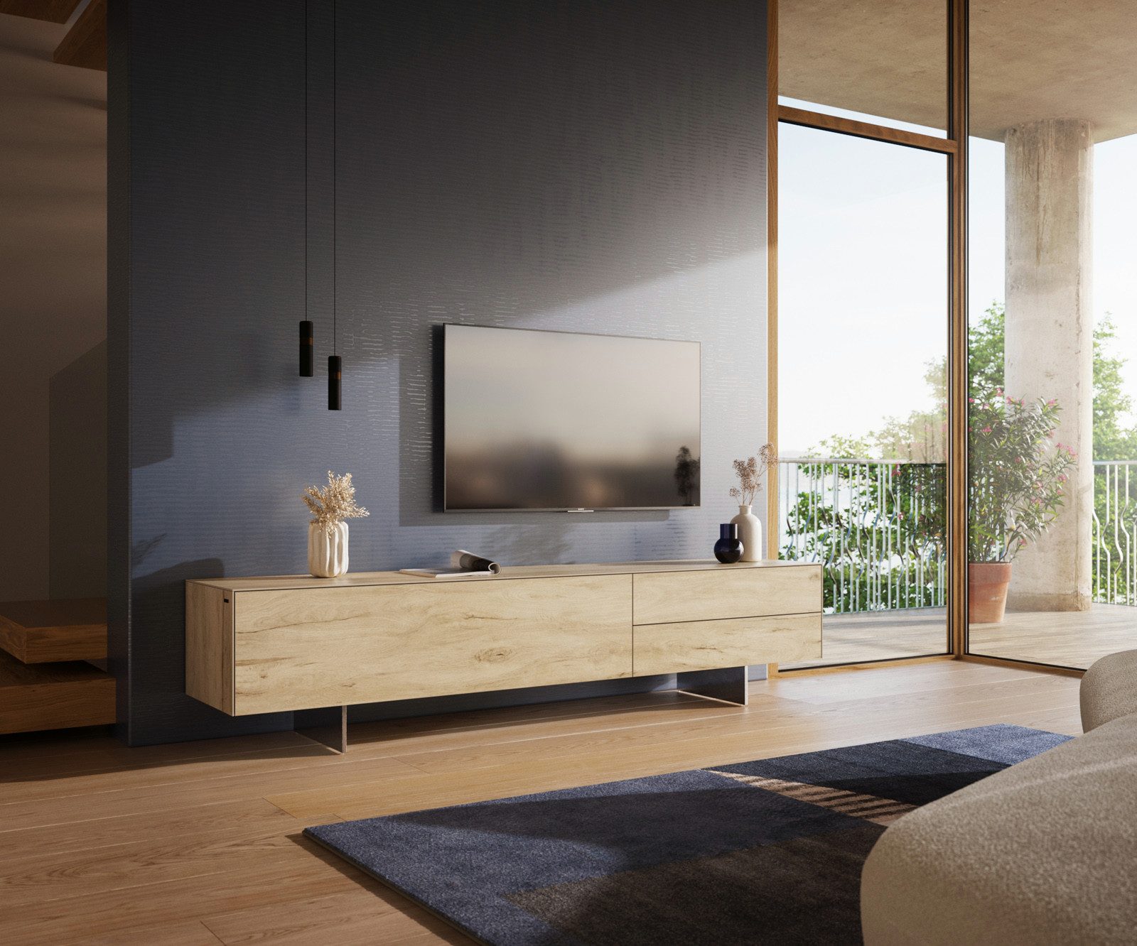 DELIFE Lowboard Cuor, Keramik Laminam® Sabbia Eichefarbig 220 cm 1 Klappe 2 Schubfächer Fuß