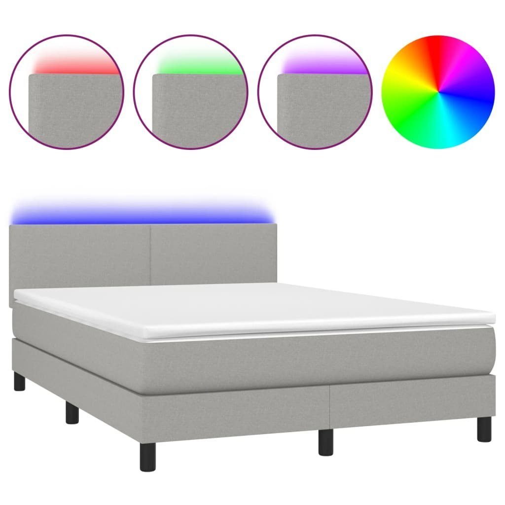 vidaXL Boxspringbett 140 x 200 cm Boxspringbett mit Matratze LED Hellgrau 140x200 cm Stoff