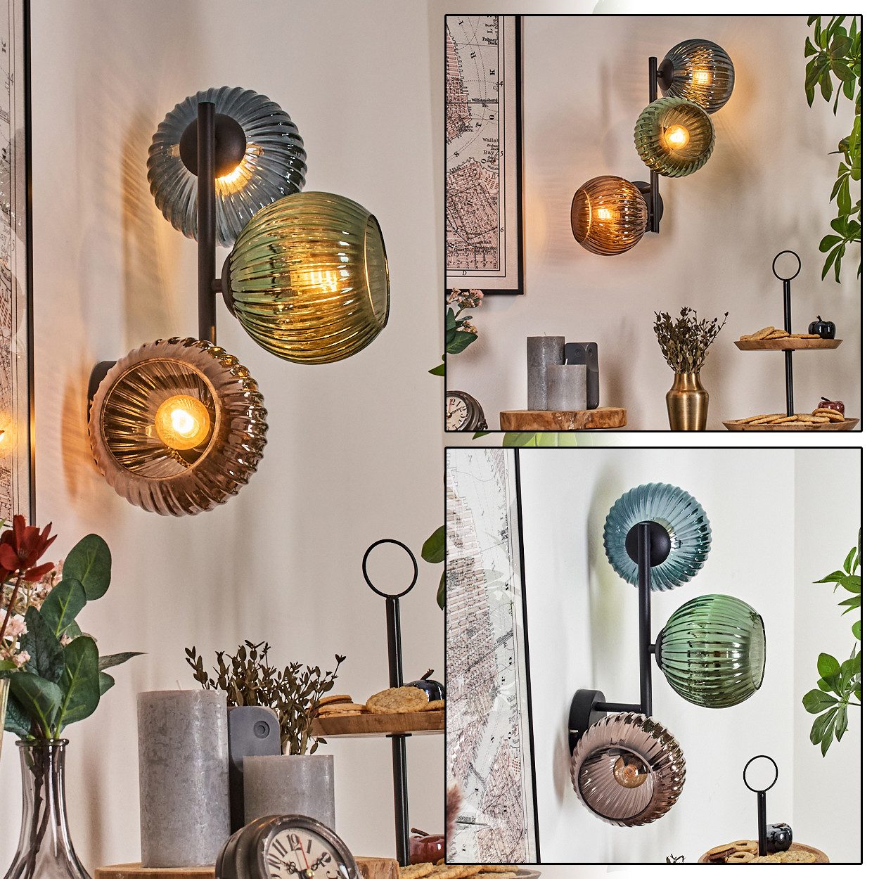 hofstein Wandleuchte Wandlampe aus Metall/Riffelglas in Schwarz/Blau/Grün/Kupferfarben, ohne Leuchtmittel, moderne Wandleuchte im Retro/Vintage-Design (Schirme 15 cm), E14