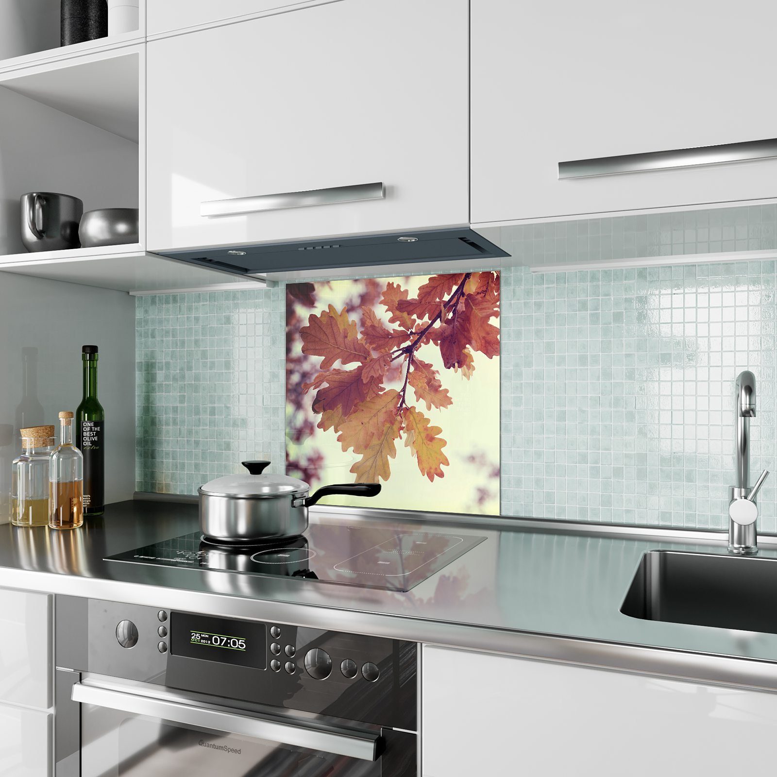 Primedeco im Küchenrückwand Küchenrückwand Spritzschutz Motiv Eiche Glas mit Herbst