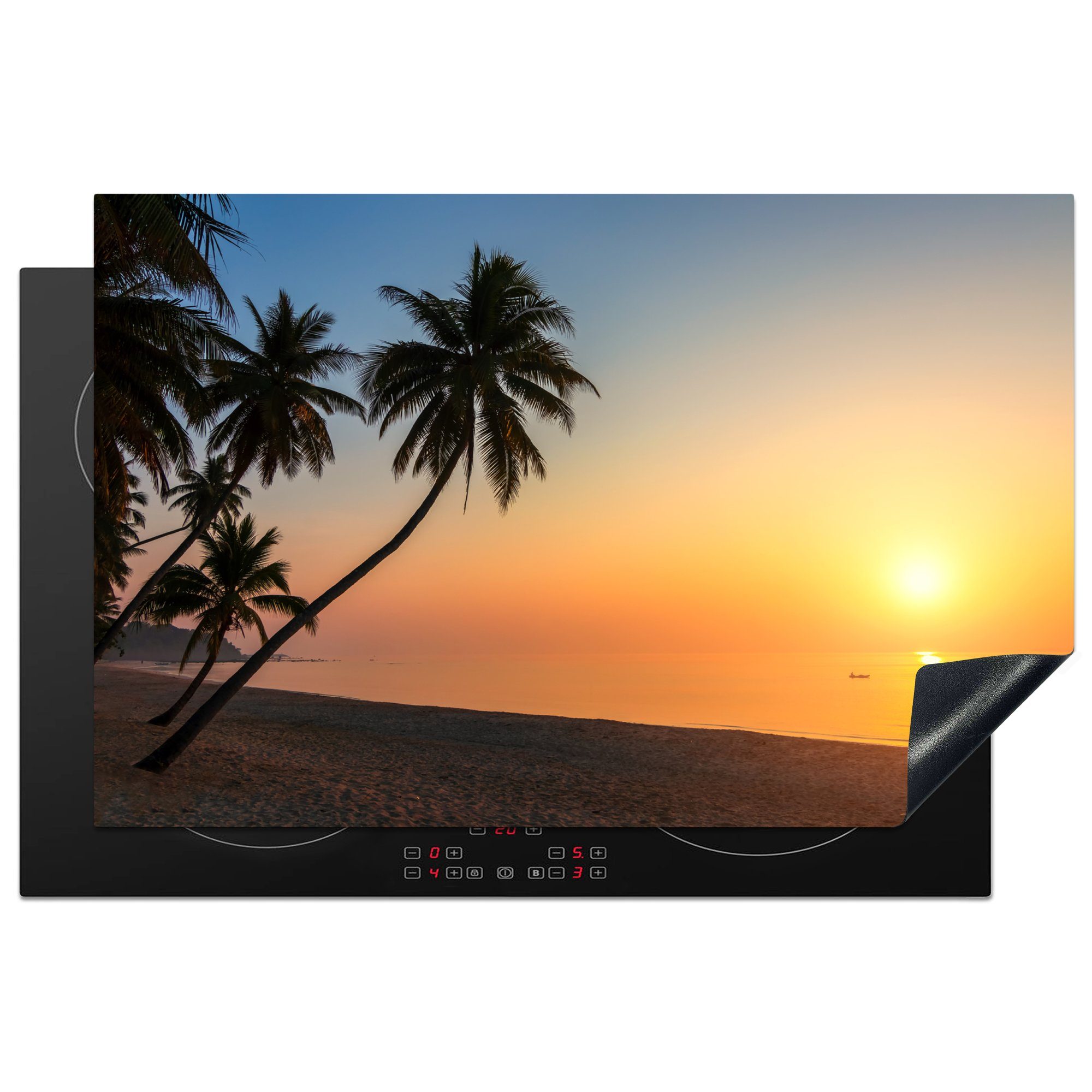 MuchoWow Herdblende-/Abdeckplatte Sonnenuntergang auf einer tropischen Insel mit Palmen, Vinyl, (1 tlg), 81x52 cm, Induktionskochfeld Schutz für die küche, Ceranfeldabdeckung