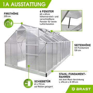 BRAST Gewächshaus ALU mit Fundament rostfrei 490x250x205cm TÜV geprüft, wetterfestes hochwertiges Aluminium