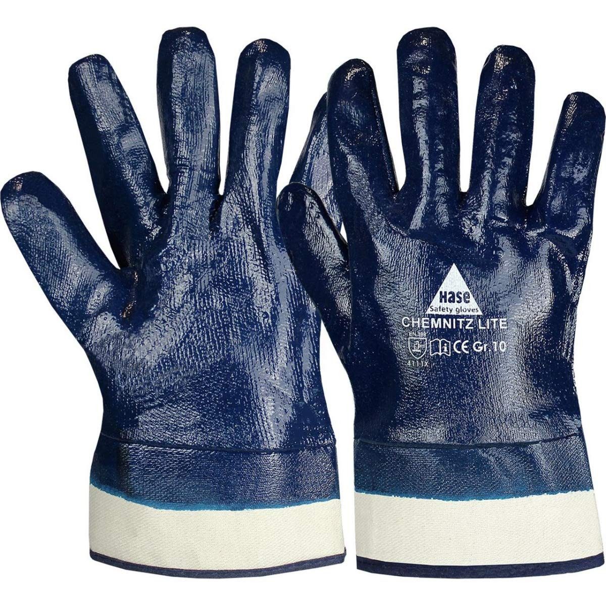 Hase Safety Gloves Arbeitshandschuh-Set 904200 Nitril vollbeschichtet Chemnitz lite blau Stulpe (Packung, 144-St., VPE= 12-144 Paar, Gr 8-11) ölbeständig/robust/