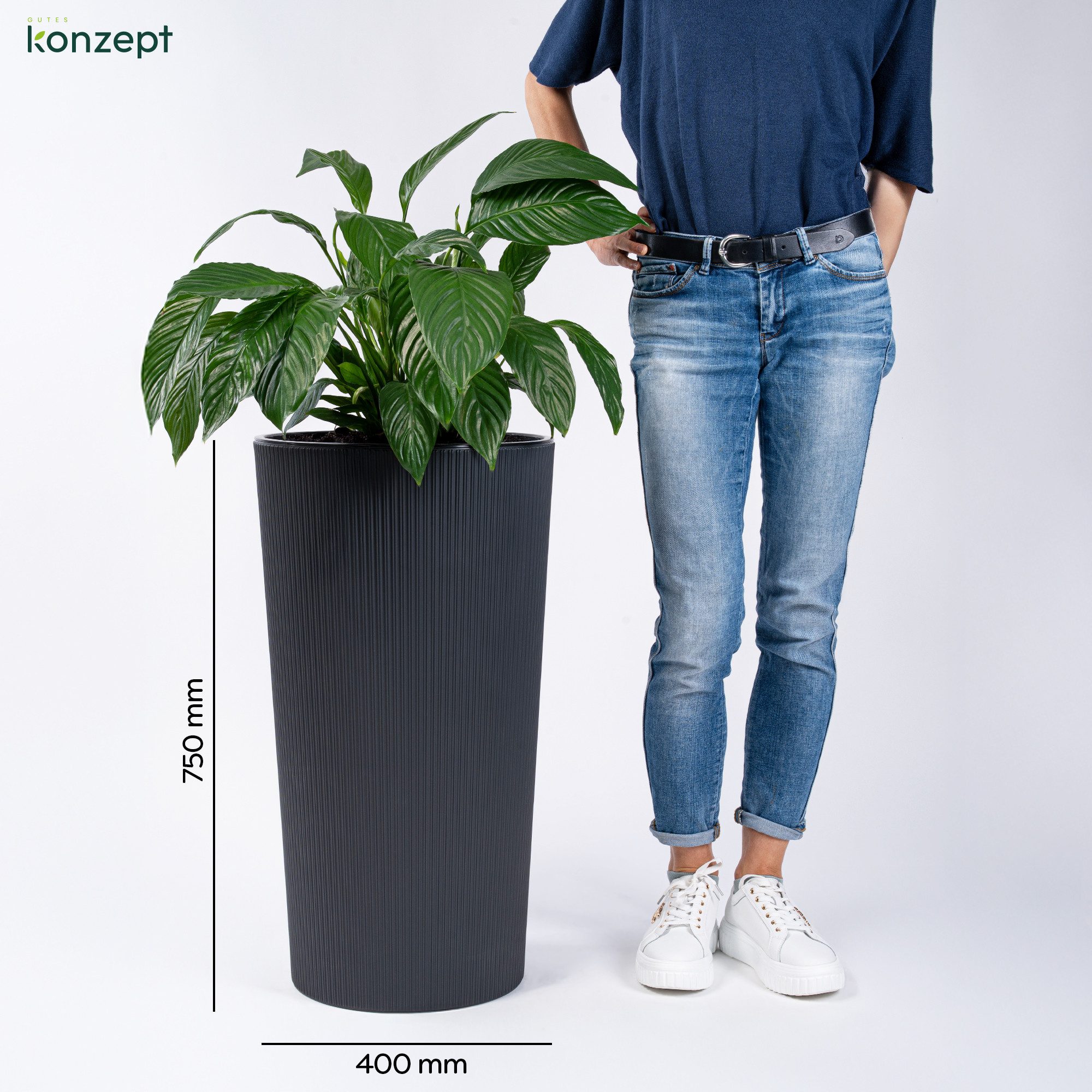 KONZEPT Blumentopf mit Einsatz Hoch 75cm für Außenbereich, wetterfest, mit Rillenstruktur, Modernes Design, UV-beständig, Vielseitigkeit, bruchfest