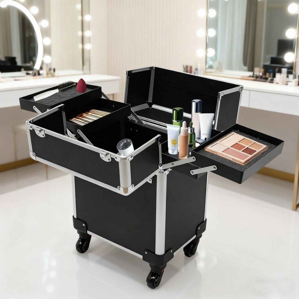 ZMH Schmink-Koffer 4-in-1 Rollendes 5-Fach Makeup-Case aus Aluminium & Holz für Kosmetik, Großer Kosmetik-Koffer