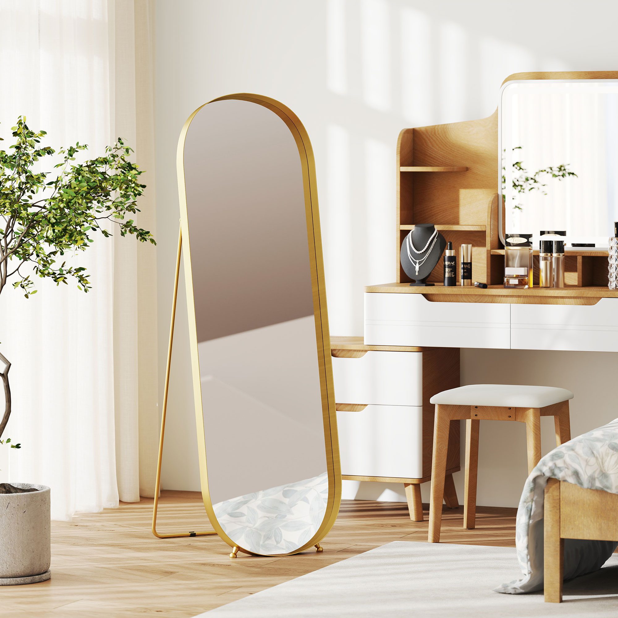 HOMCOM Standspiegel Ganzkörperspiegel mit Metallrahmen, bruchsicher, Wandspiegel (160 x 50 cm, goldfarbener Rahmen, 1-St., für Wohnzimmer, Schlafzimmer, Umkleideraum), Gold