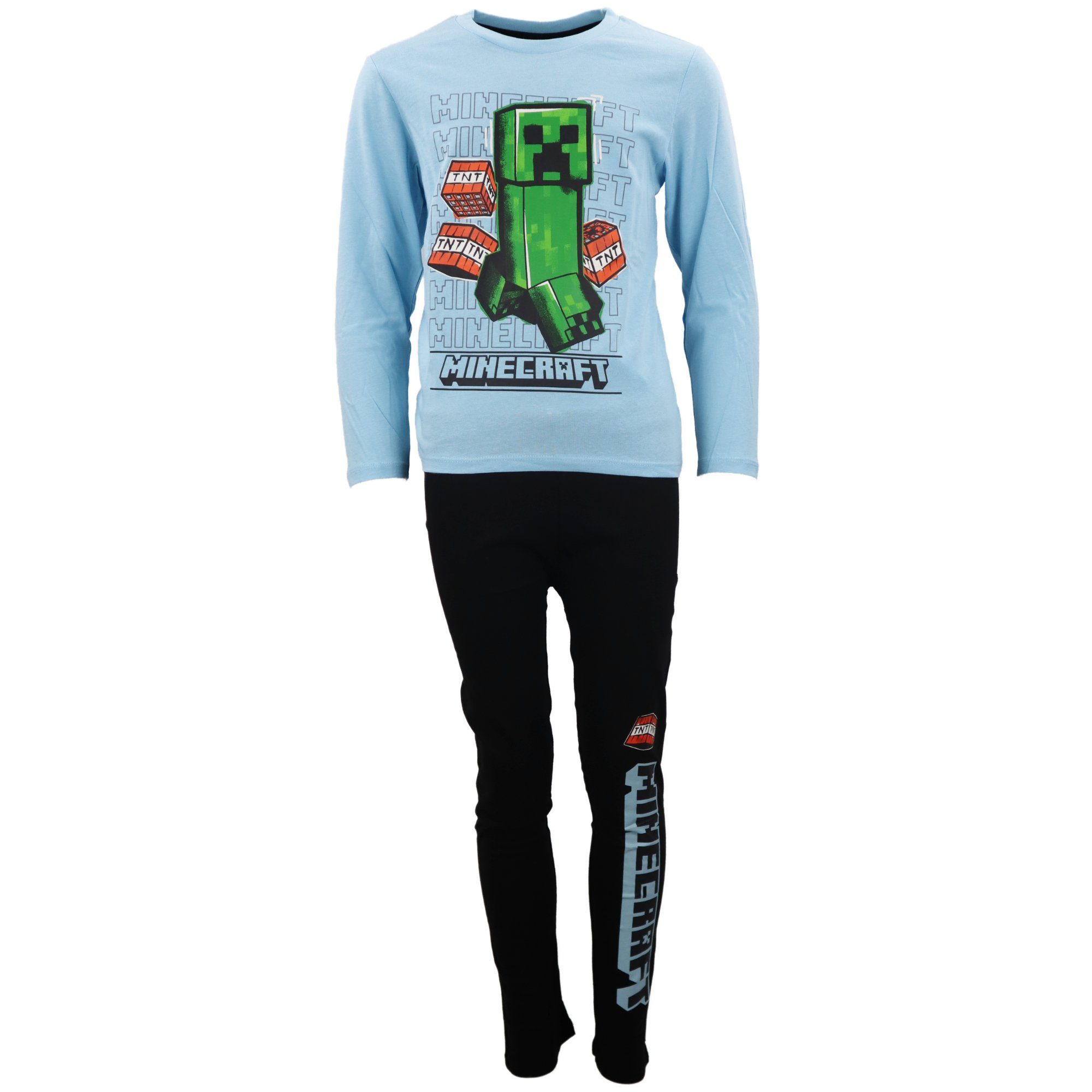 Minecraft Schlafanzug Minecraft Creeper Jungen Kinder Pyjama lang Gr. 116 bis 152, 100% Baumwolle Hellblau