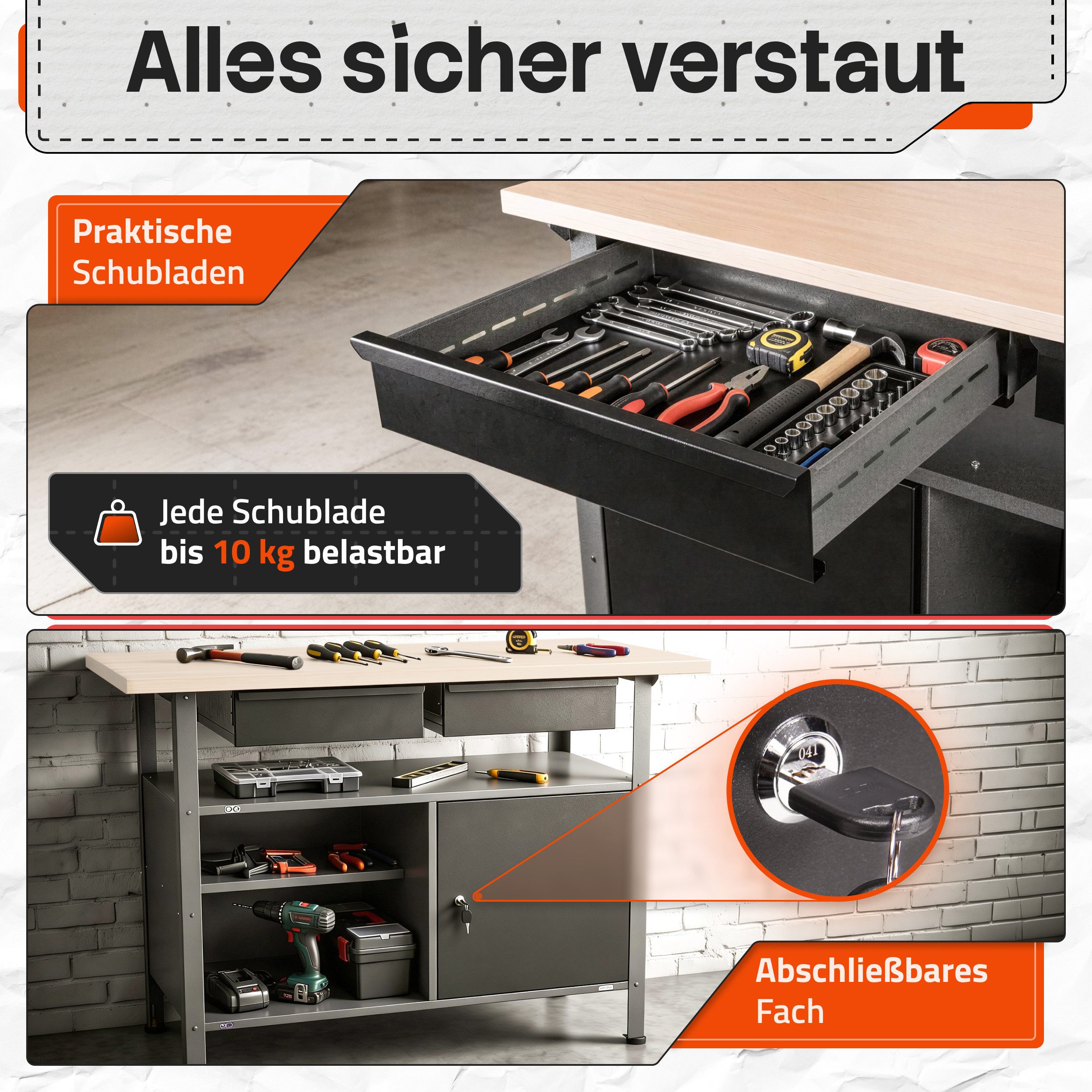 ONDIS24 Werkbank Werktisch Fritz - höhenverstellbare Füße, 2 Schubladen, Metall, 120x60x85(H) cm, abschließbare Tür, belastbar Bis 250kg