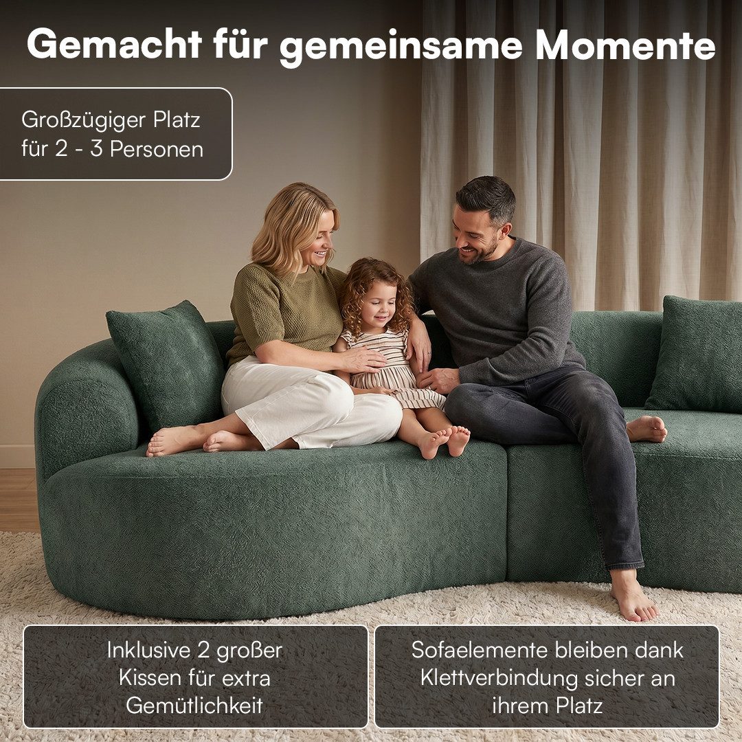 skølm Sofa Loki aus Teddy-Bouclé-Stoff, Vollschaumcouch mit Vakuum-Kompression, Dunkelgrün, Couch 2 Sitzer mit 2 Kissen, kein Aufbau notwendig