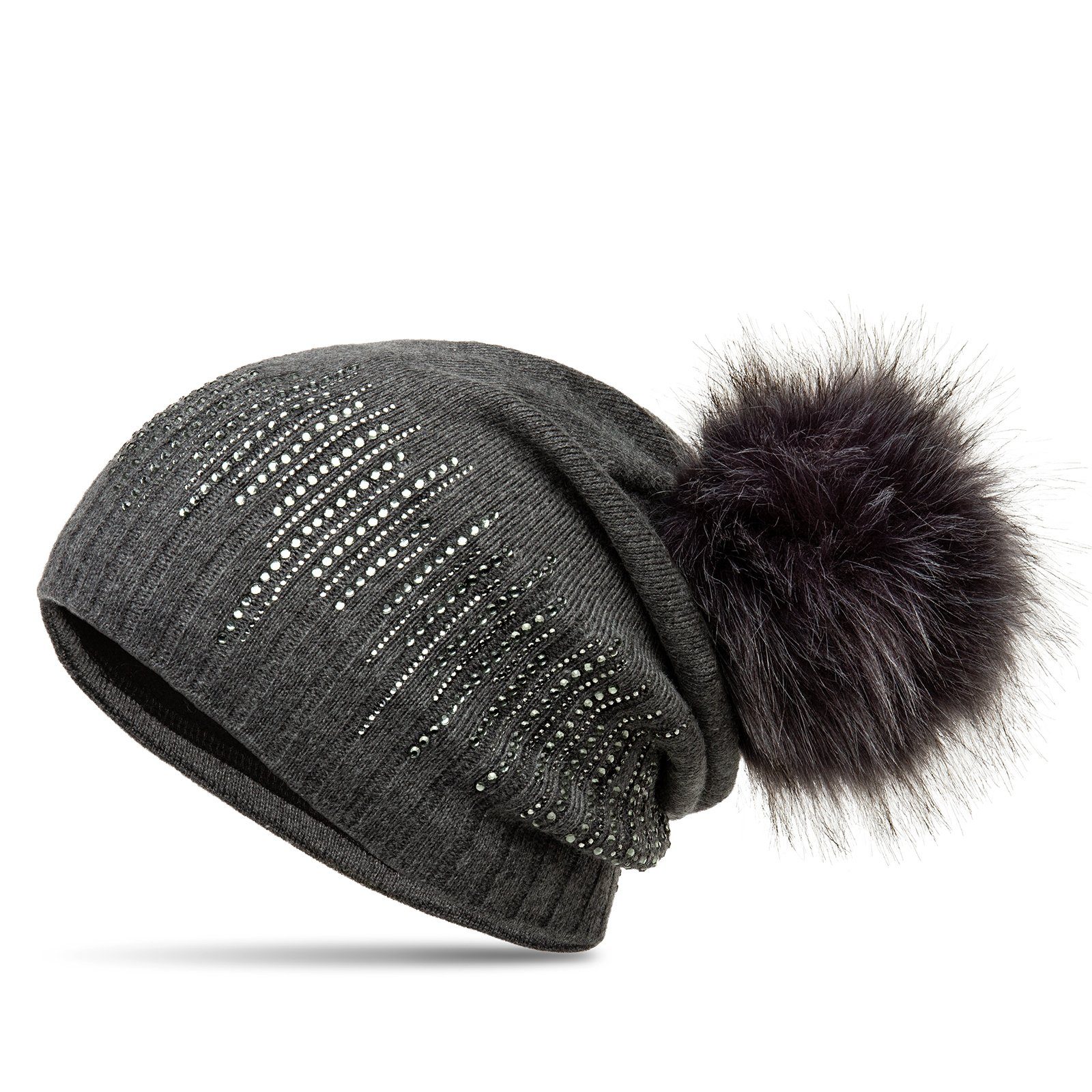 Beanie MU206 Gefütterte Damen Feinstrick Long Beanie Mütze mit Glitzer Strass und Kunstfell Bommel