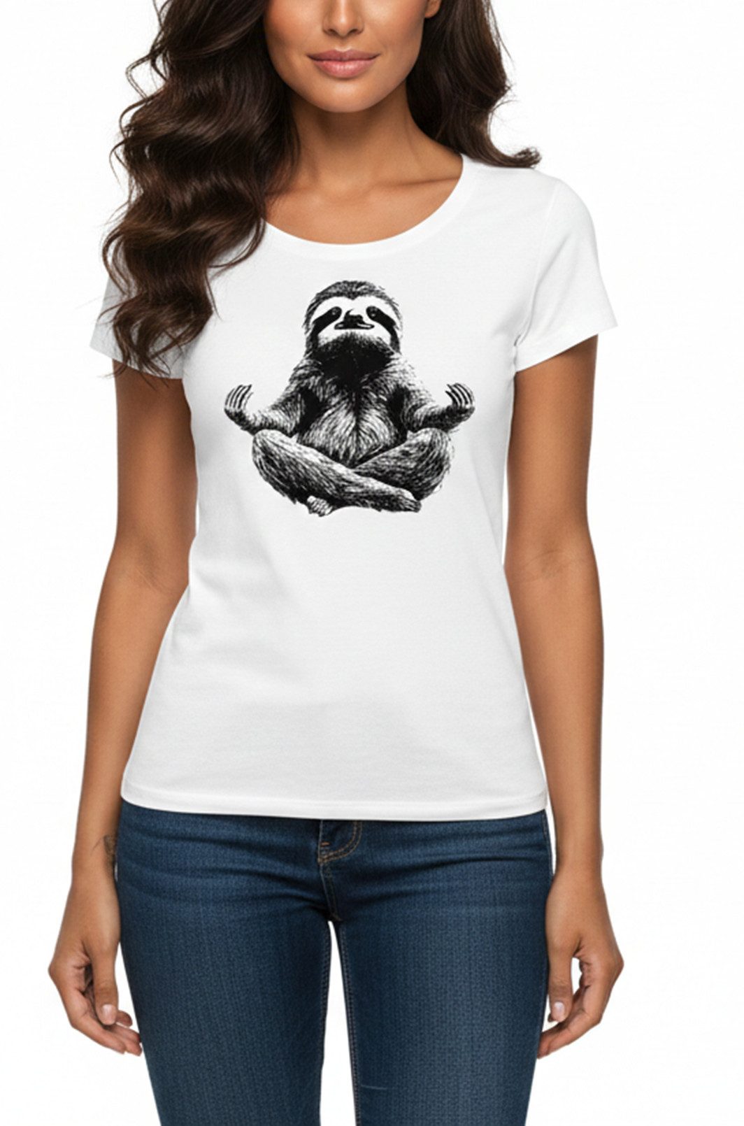 MAKAYA T-Shirt Lustiges Faultier Motiv Top – Buddha & Yoga Tierprint für Damen (Weiß, S, M, L, XL) Baumwolle