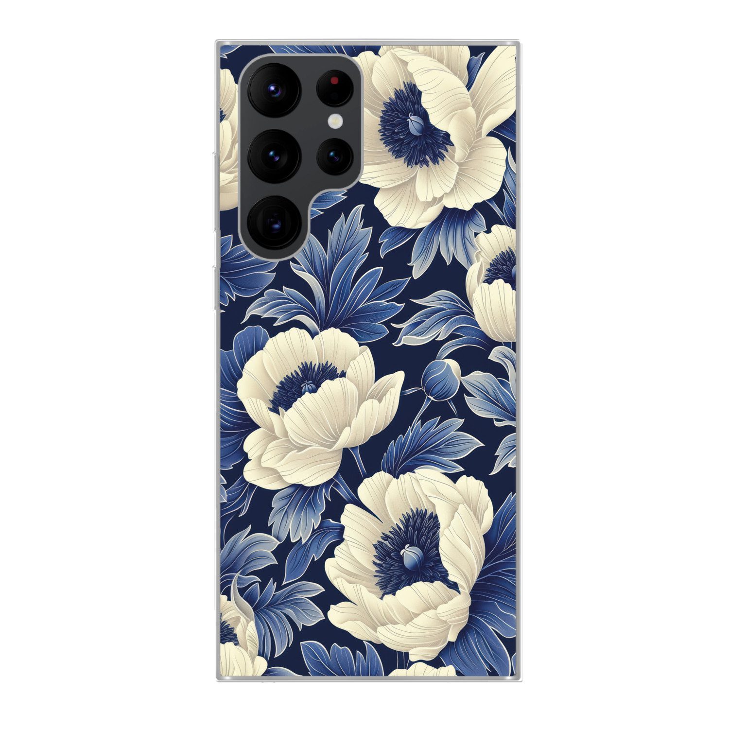 MuchoWow Handyhülle für Samsung Galaxy S22 Ultra Blumen - Muster - Blau - Weiß, Phone Case, Silikon, Schutzhülle Dünn