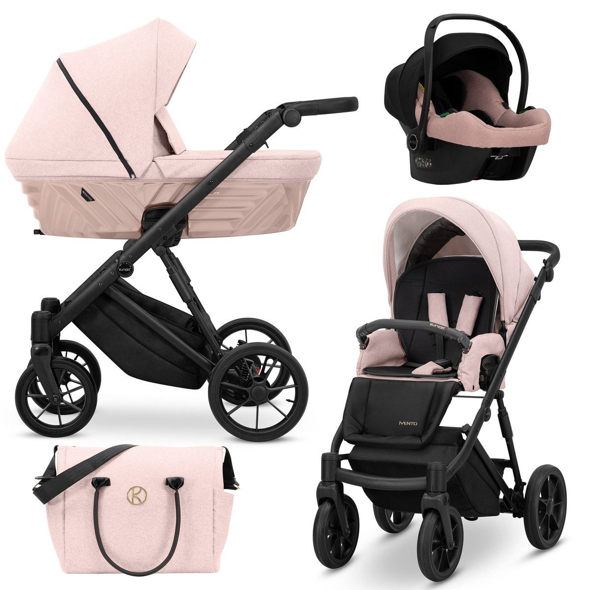 KUNERT Kombi-Kinderwagen IVENTO 3in1 Kinderwagen mit schwarzem Rahmen und Zubehör, 2in1-Set mit Tragetasche, Sportsitz und funktioneller Tasche