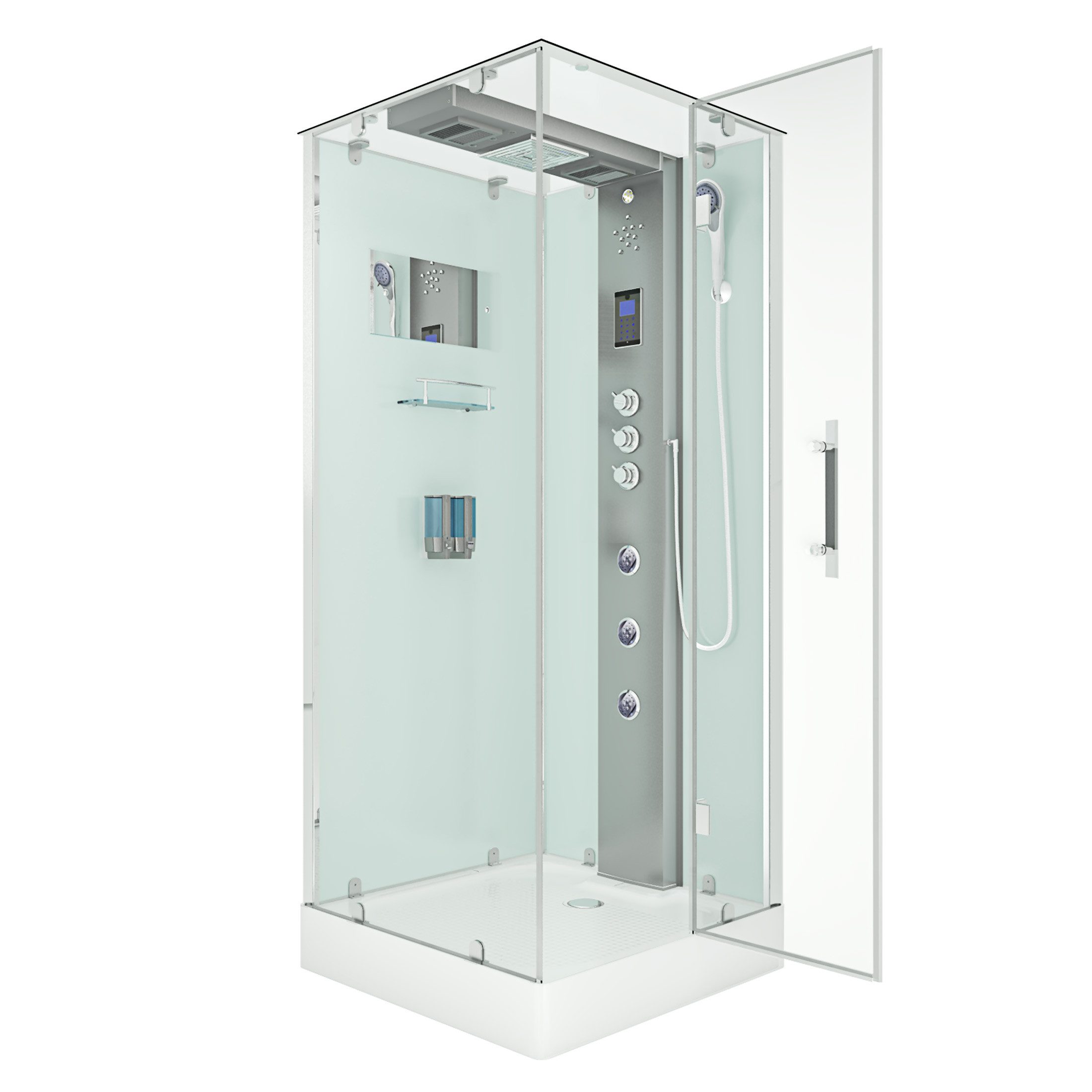 AcquaVapore Komplettdusche Fertigdusche Duschkabine Dusche D38-00R1-ALL 80x80, Sicherheitsglas ESG, inklusive Duschwanne, Höhenverstellbar, Gehärtetes Glas, Integrierte Massagedüsen, Multimedi
