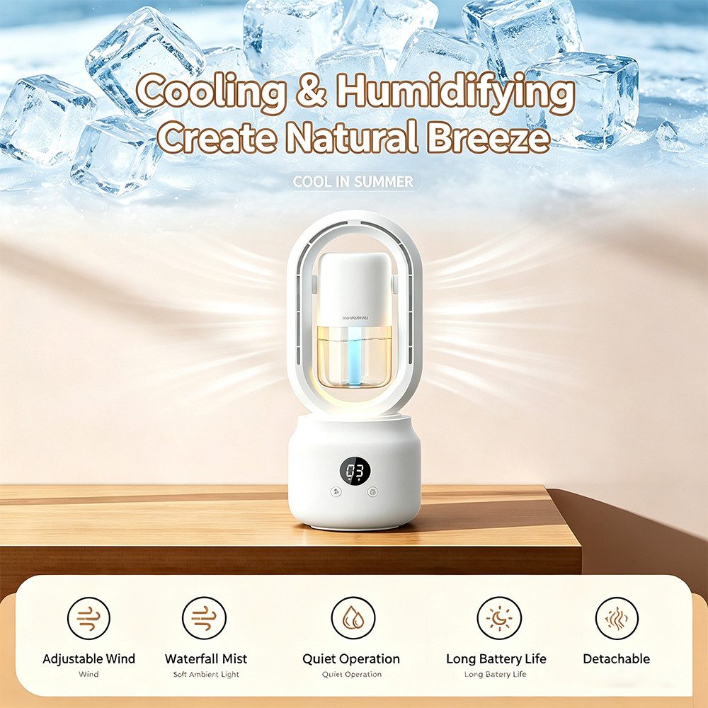 MOPUEA Turmventilator Blattloser Tischventilator mit Sprühnebel 3 Stufen 360° Luftstrom, 3 Windstufen 360° Luftstrom Sprühnebel leise USB-C Display Akku Licht.