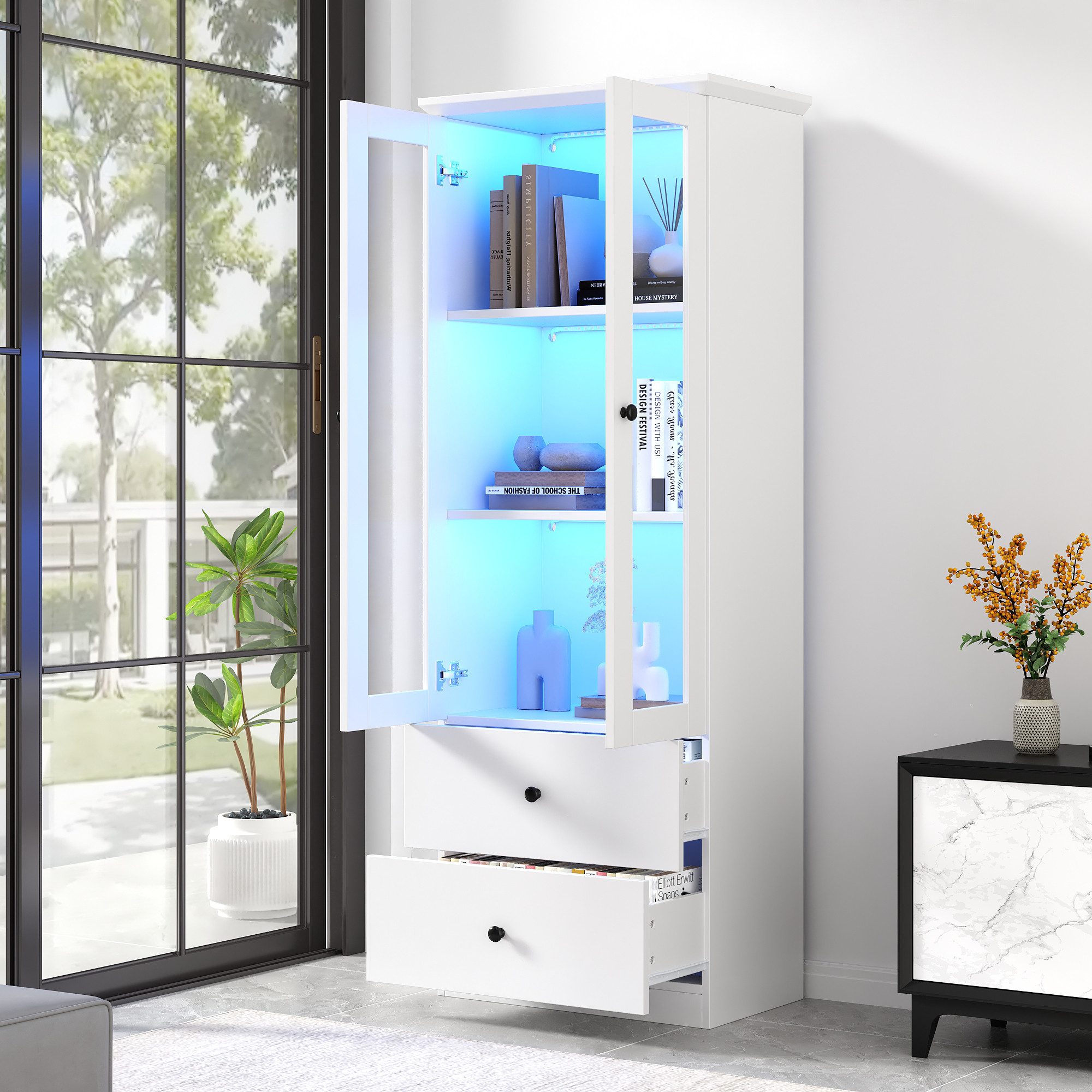 KLAM HOME Vitrine Moderne LED-Vitrine weiß matt 165 cm hoch mit USB-Anschluss (16-Farben-Fernbedienung, Glasvitrine mit 2 Schubladen, MDF-Wohnzimmer) Vertikalvi – Bild 4 von 5